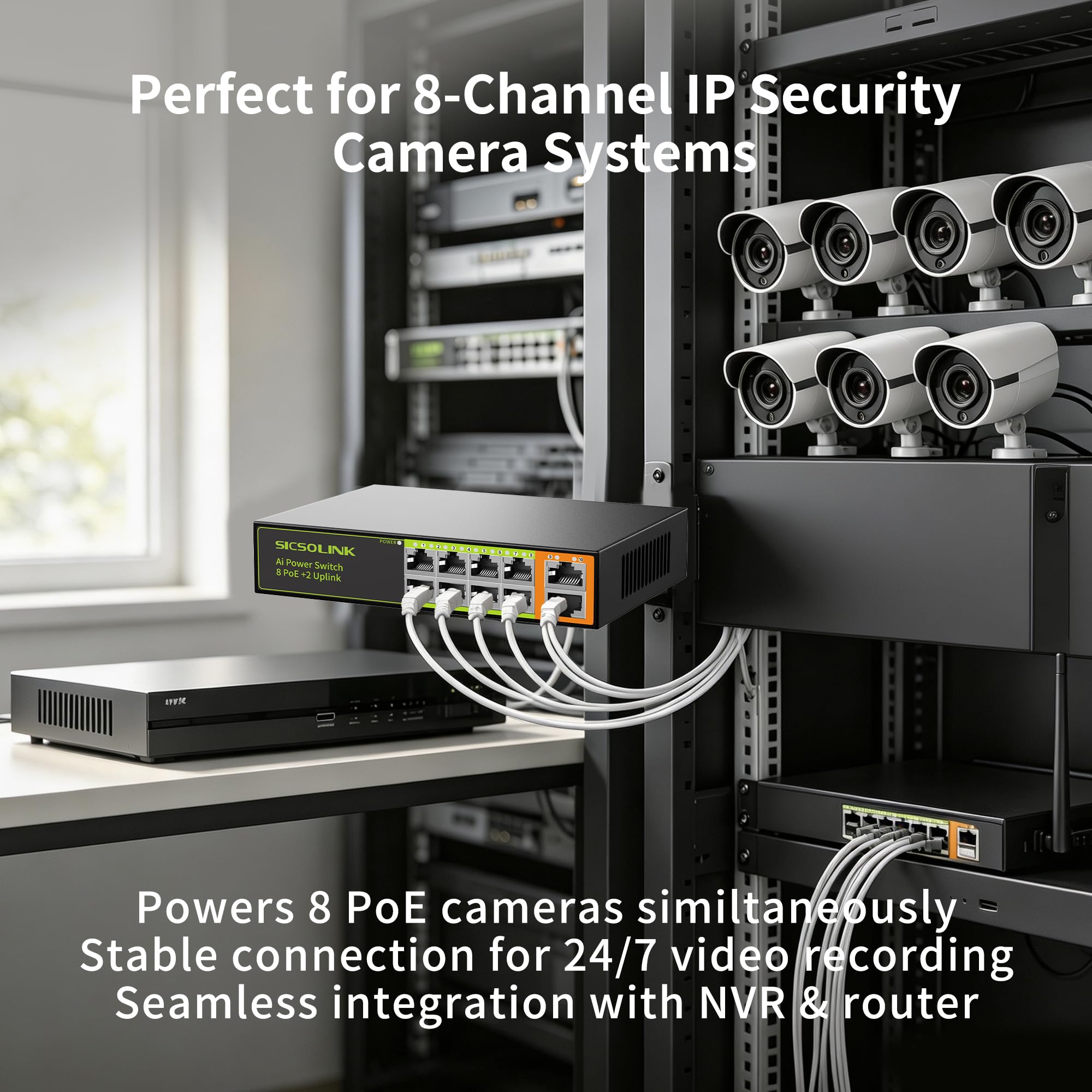 Commutateur Ethernet PoE+ à 8 ports avec 2 ports montants, conforme à la norme 802.3af/at, puissance totale de 120 W, 100 Mbps, capacité de commutation de 20 Gbit/s, commutateur réseau non géré pour