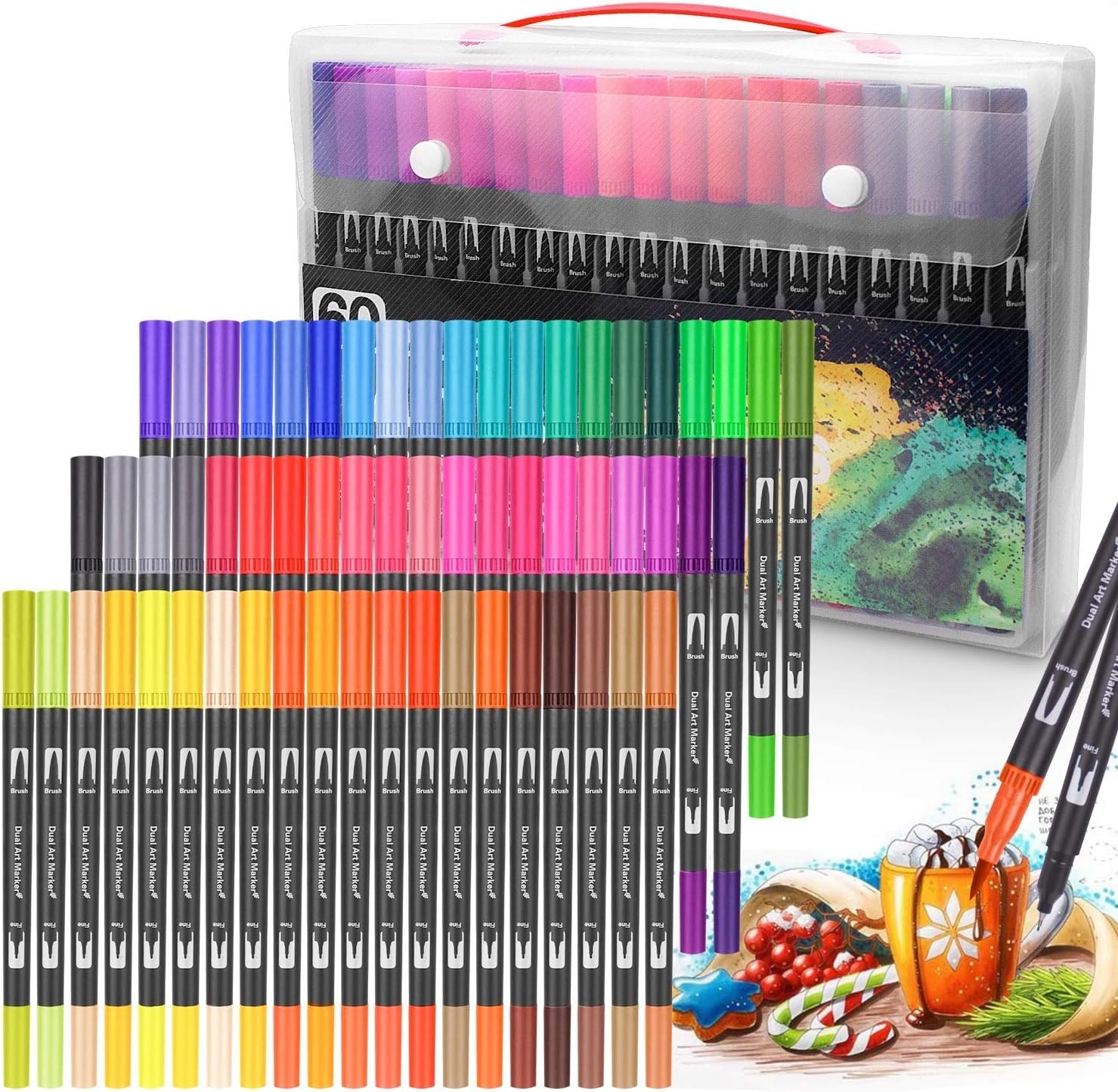 60 Colours Dual Tip Brush Pens Permanent Sketch Markers Fine liners & Brush Tip - Ideal for Artists Adults Kids Drawing Coloring Journal, Calligraphy, Hand Lettering,Crafts Gifts…