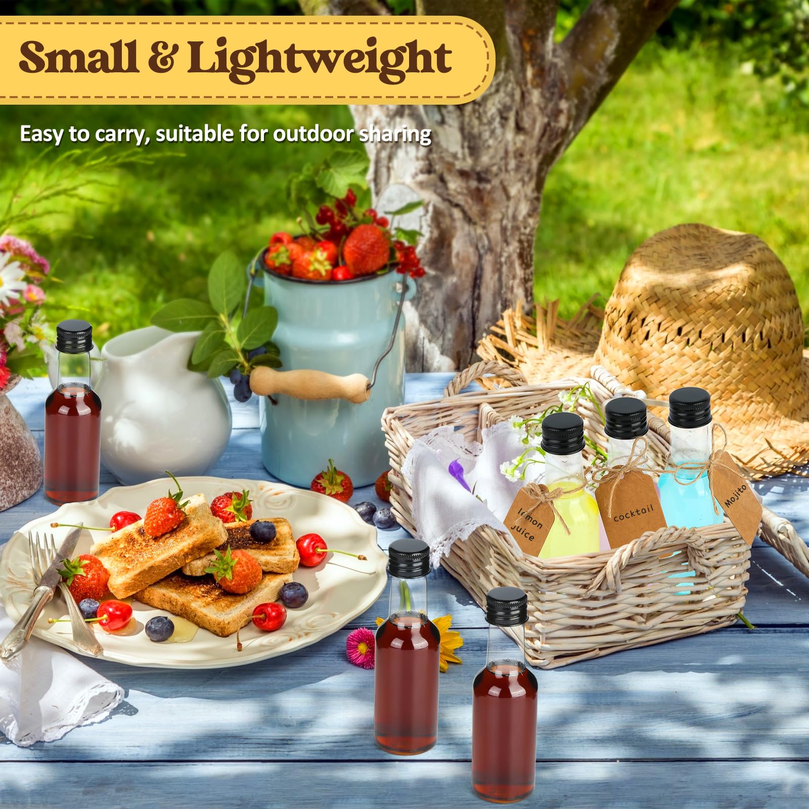 18 Mini Bouteilles Alcool 50 Ml Avec Étiquettes Et Ficelle – PET Alimentaire – Pour Mariage, Fête, Cadeau