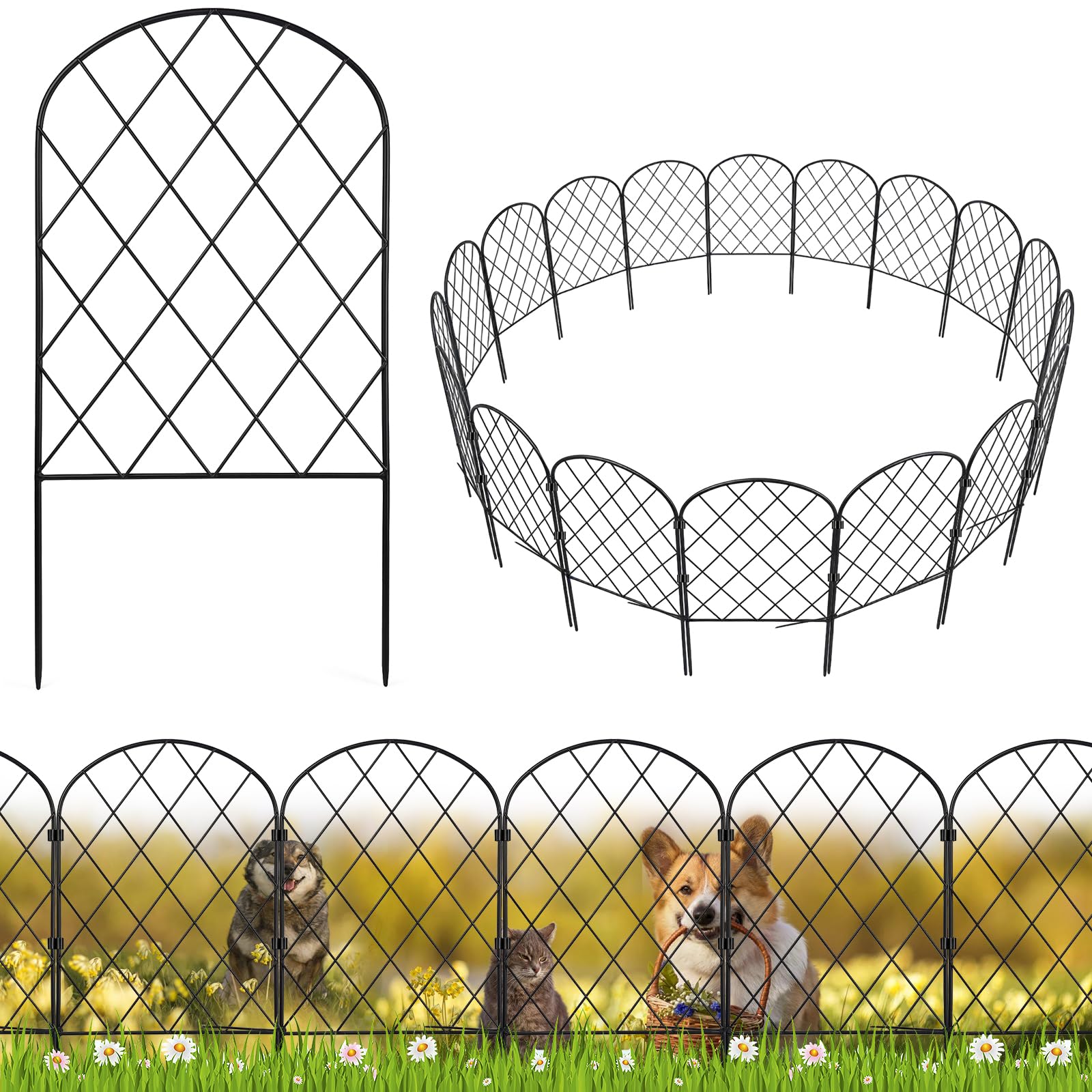 Recinzione Giardino in Metallo 20 Pezzi, lunghezza max 650 cm, bordura decorativa antiruggine 40 x 32,5 cm, con 40 clip 20 fascette e 40 astai, modulabile per aiuole prato e area animali