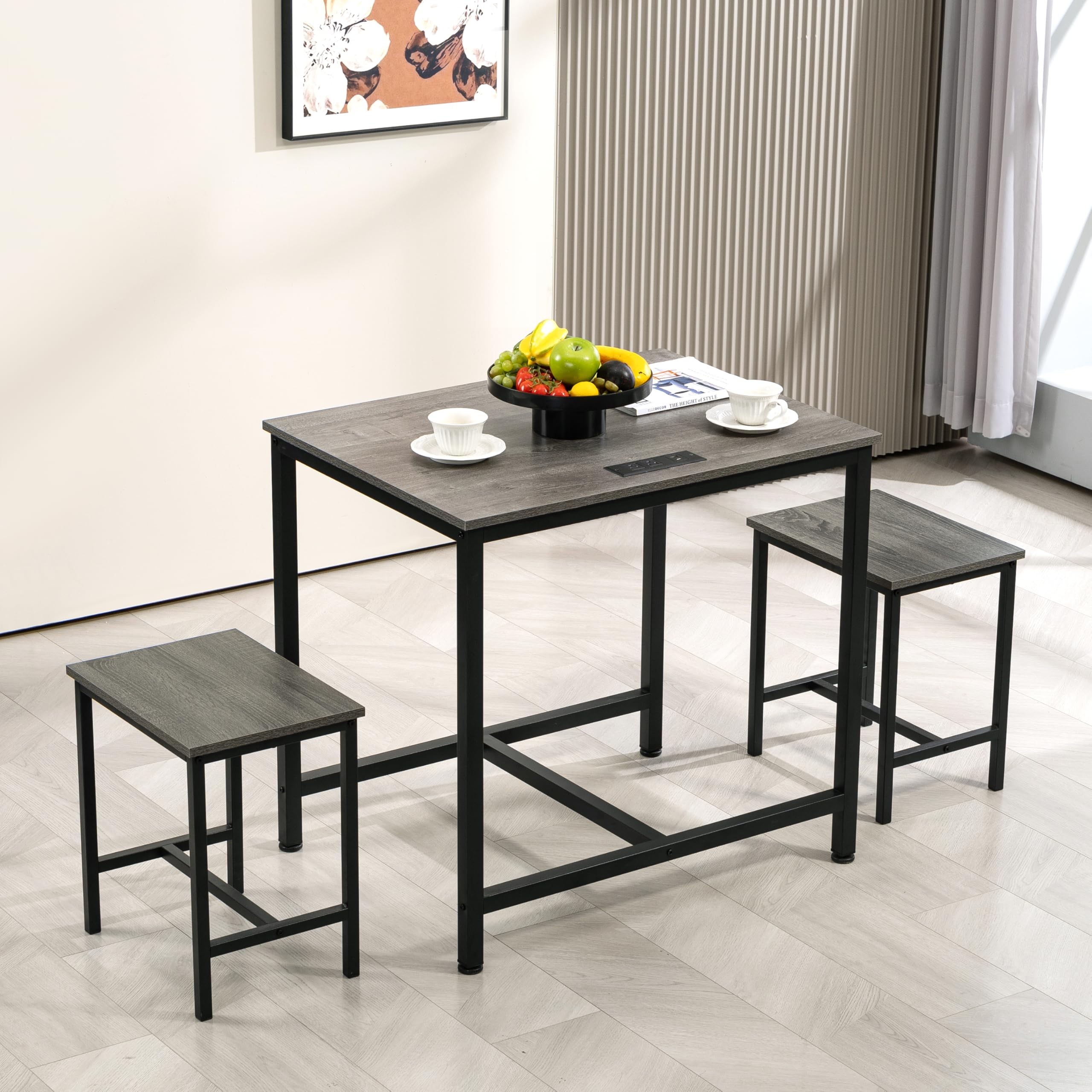 Juego de mesa de comedor de 3 piezas, mesa de cocina pequeña con 2 sillas, luz LED y toma de corriente USB tipo C, diseño que ahorra espacio para comedor, sala de estar, apartamento, gris y 3
