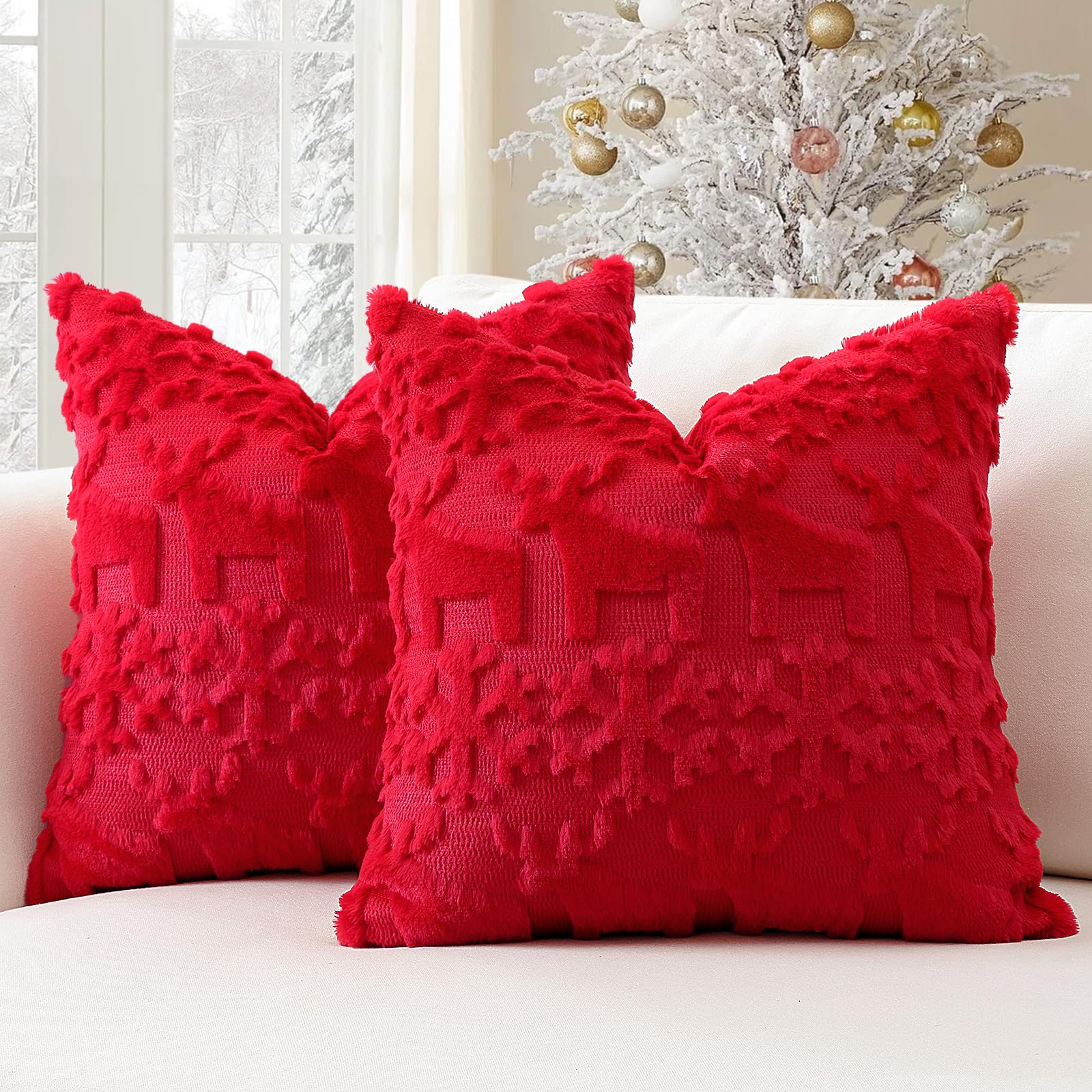 Artscope Set of 2 Xmas Soft Plush Short Wool Velvet Decorative Cushion Covers 50x50cm Square Luxury Style Throw Pillow Covers Pillow Shell for Sofa Bedroom Snowflake and Elk Red