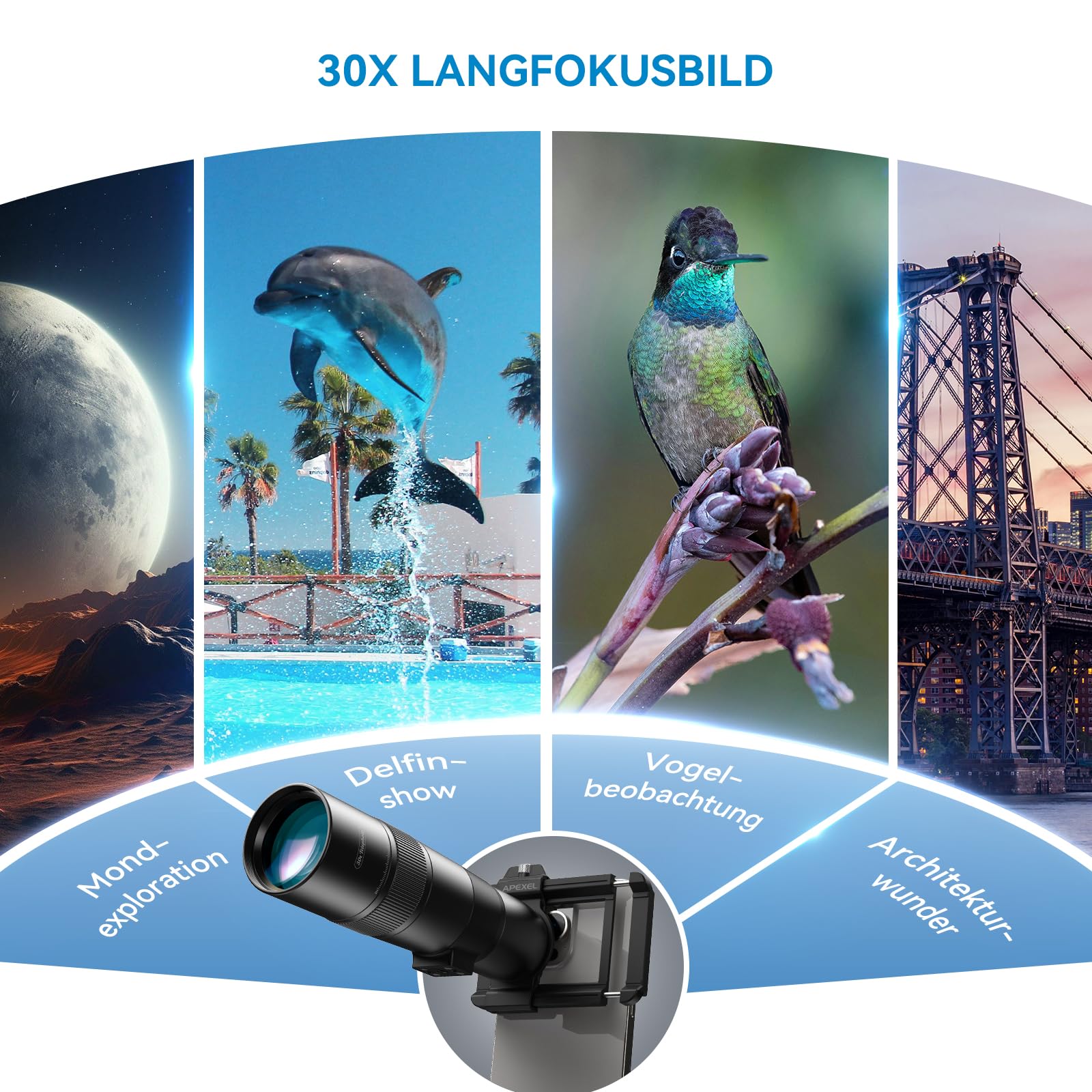 30x Teleobjektiv mit Stativ - Handy-Kamera-Objektiv-Set mit universeller Objektivhalter, Handy-Objektiv-Anhänger für iPhone und Android