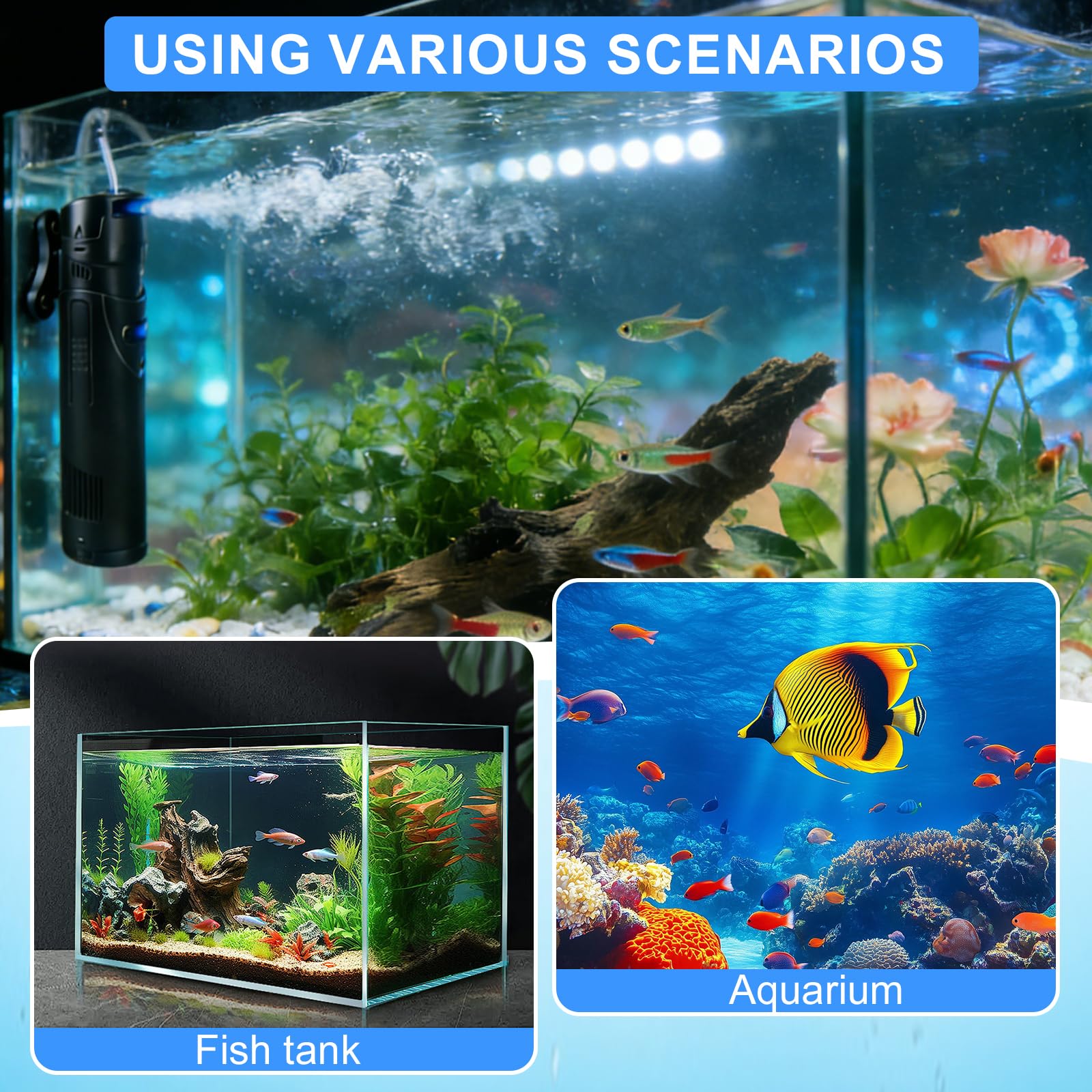 EXLECO Filtro Interno Acquario 4 in 1 con Lampada UVC da 9W, Aeratore 700 L/h 20W, Include Pompa Acqua, Skimmer e Materiale, Ossigenatore per Tartarughiera per Tartarughe d'Acqua 150-300 Litri