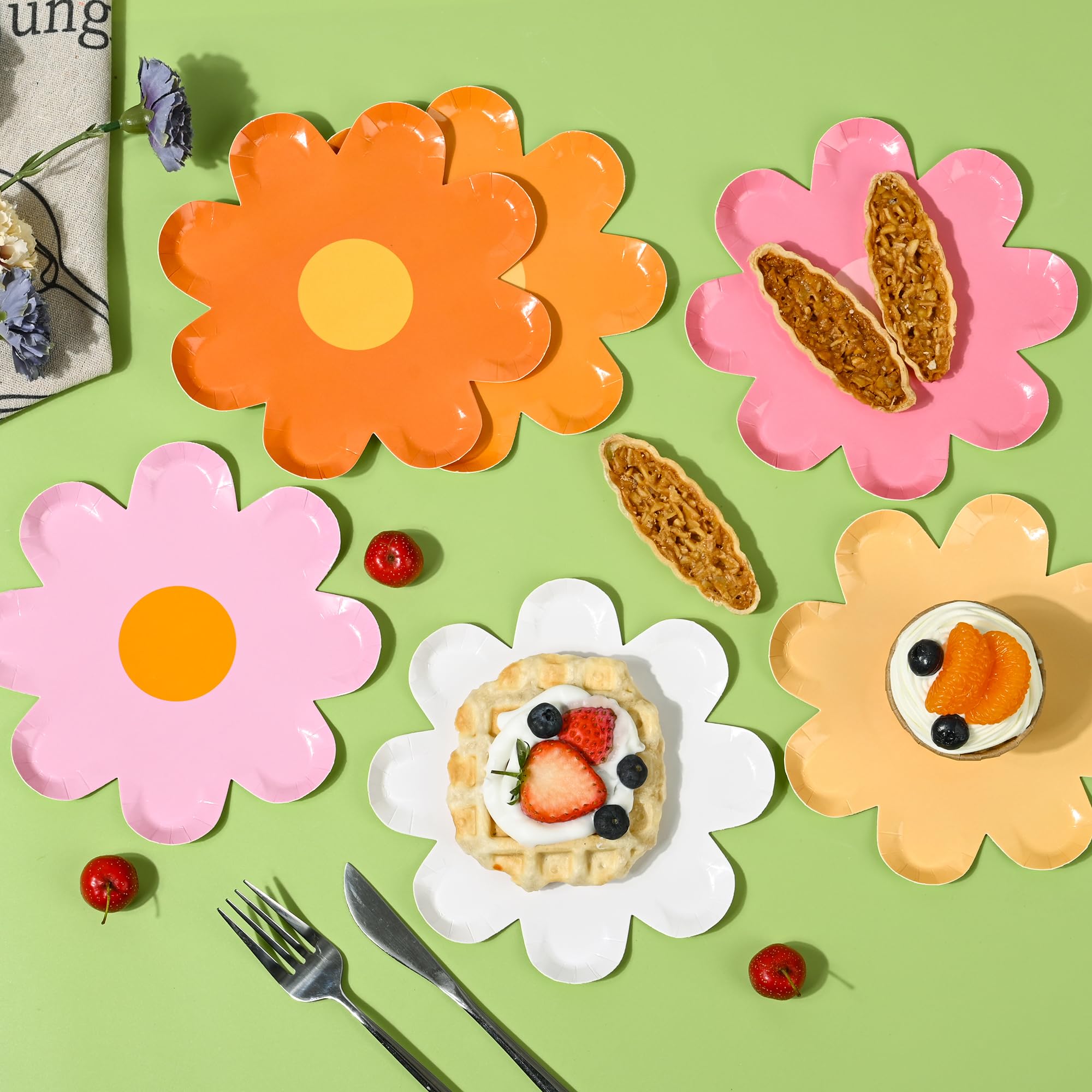 AimFun Platos de papel desechables de margaritas, platos de postre en forma de flor de 7 pulgadas, platos de postre bohemios hippie, retro, para cumpleaños, baby shower, boda, suministros de