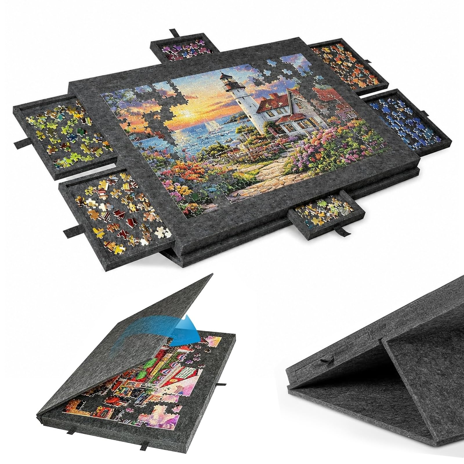 Mesa de rompecabezas de 1000 piezas, tablero de rompecabezas portátil con 6 cajones y cubierta, tablero de puzle de fieltro ligero, mesa de rompecabezas de 1000 piezas, accesorios para puzles para