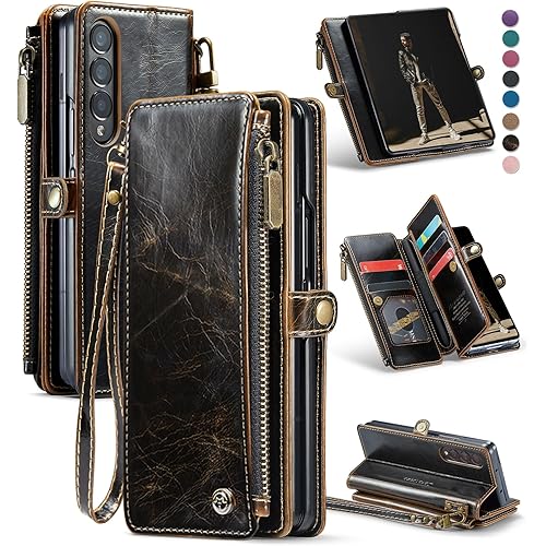 Defencase Wallet Case Compatible with Samsung Galaxy Z Fold 3 with RFID Blocking Card Holder & S Pen Holder Slot PU Leather Magnetic Snap Flip Zipper Strap Phone Case Fit for Galaxy Z Fold 3, Coffee