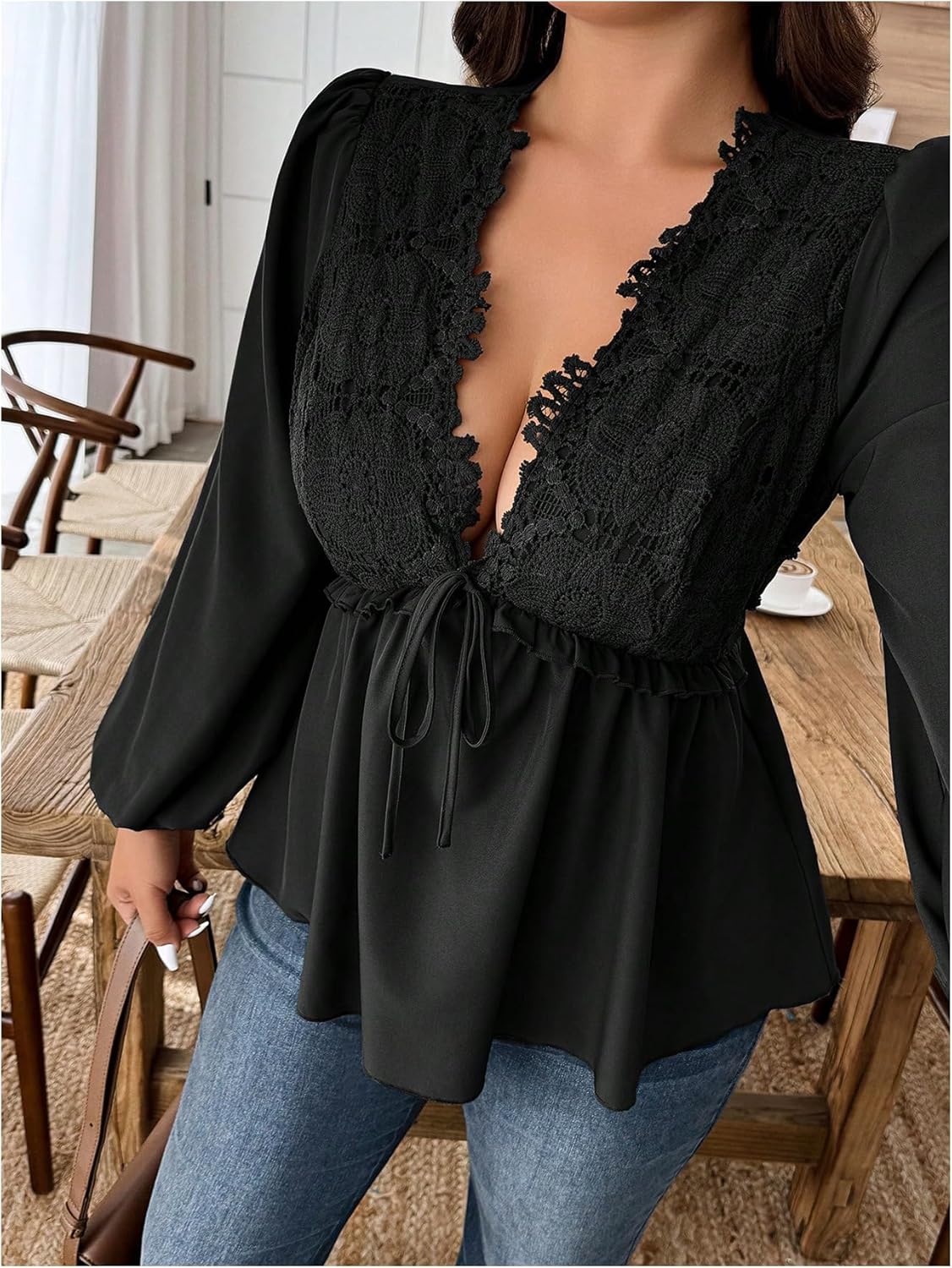 SOLY HUX Women's Plus Size Lace Blouse Deep V Neck Lantern Long Sleeve Peplum Ruffle Hem Flowy Tops Shirts
