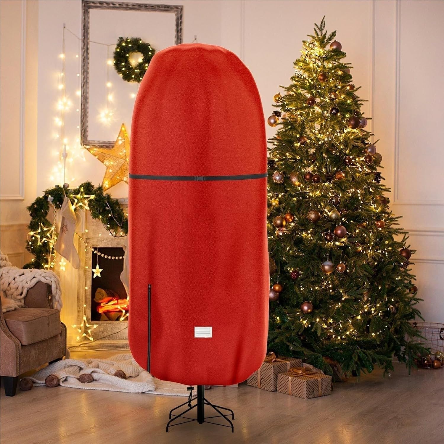 Christmas Tree Storage Upright Christmas Tree Storage Cover Oxford Fabric with Zipper and Adjustable Bag(Red,122cm)