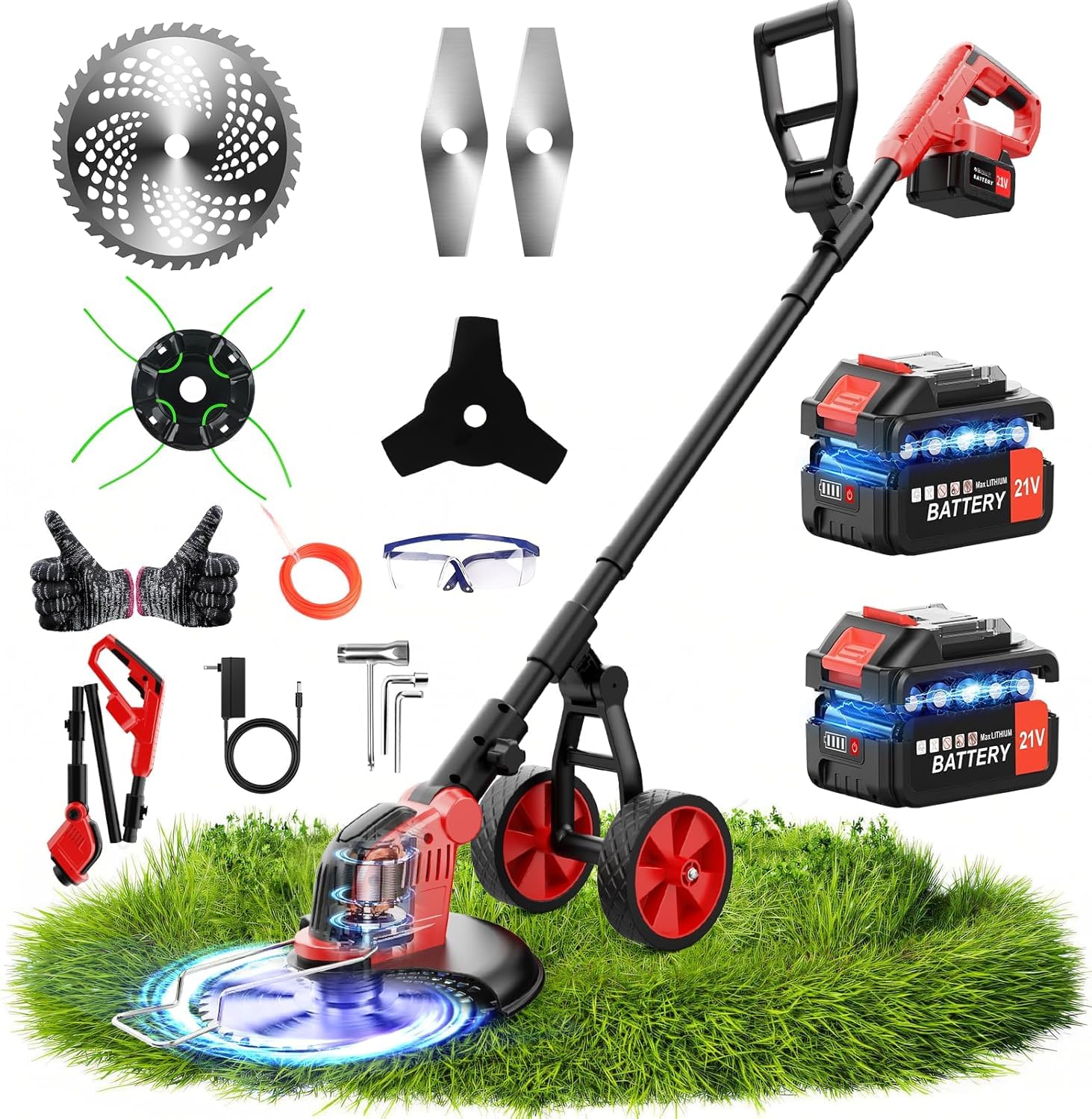 20000 RPM Electric Weed Wacker with Wheel,12″ Brushless Cordless Weed Eater Battery Powered,4-in-1 Brush Cutter/String Trimmer/Grass Edger/Tiller for Garden,Weed Trimmer,2 Battery (Red)