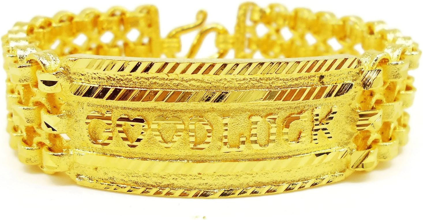 GOOD LUCK Thai Gold Plated Bangle 24k Thai Baht Yellow Gold Filled Bracelet 7 Inch 60 Grams 20 mm