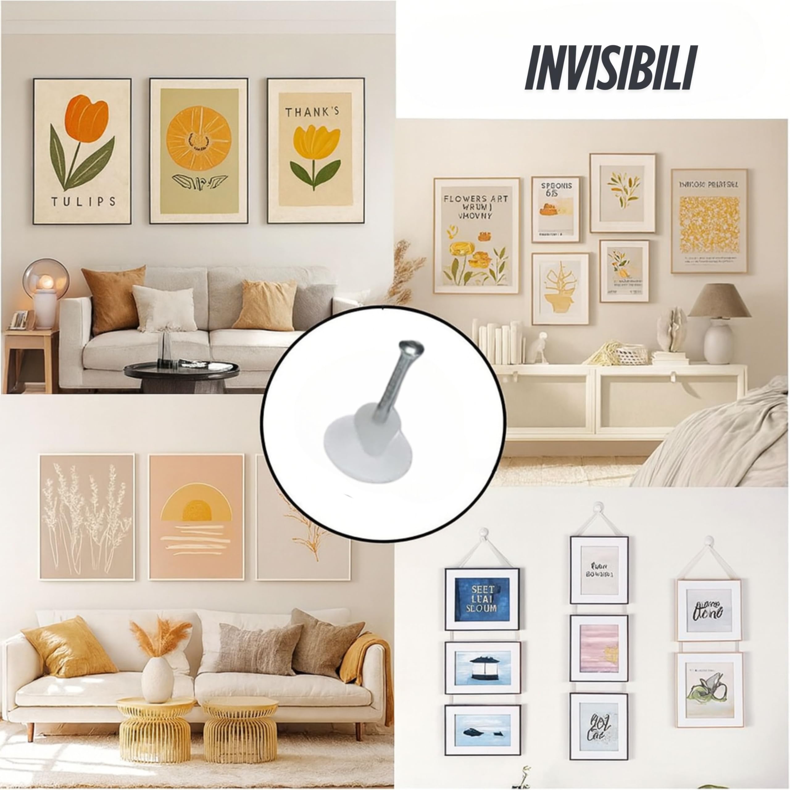Set di Ganci per Quadri Muro Antitraccia - Ganci Invisibili per Appendere Foto, Dipinti, Specchi - 3 Ganci (20 Pezzi)