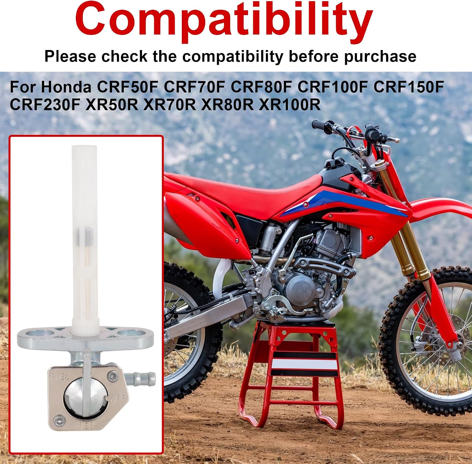 RUTU 16950-GCF-671 Fuel Petcock Valve with Fuel Filter for Honda XR50R XR70R XR80R XR100R CRF50F CRF70F CRF80F CRF100F CRF150F CRF230F ATV Dirt Bike 16950-GEL-701 16950-GN1-871