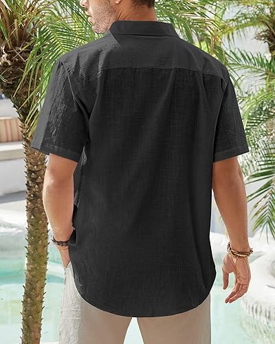 Miniatura 102 de J.VER Camisas de manga corta de lino y algodón para hombre, estilo informal, ligeras, con botones, para vacaciones, playa y verano, con bolsillo