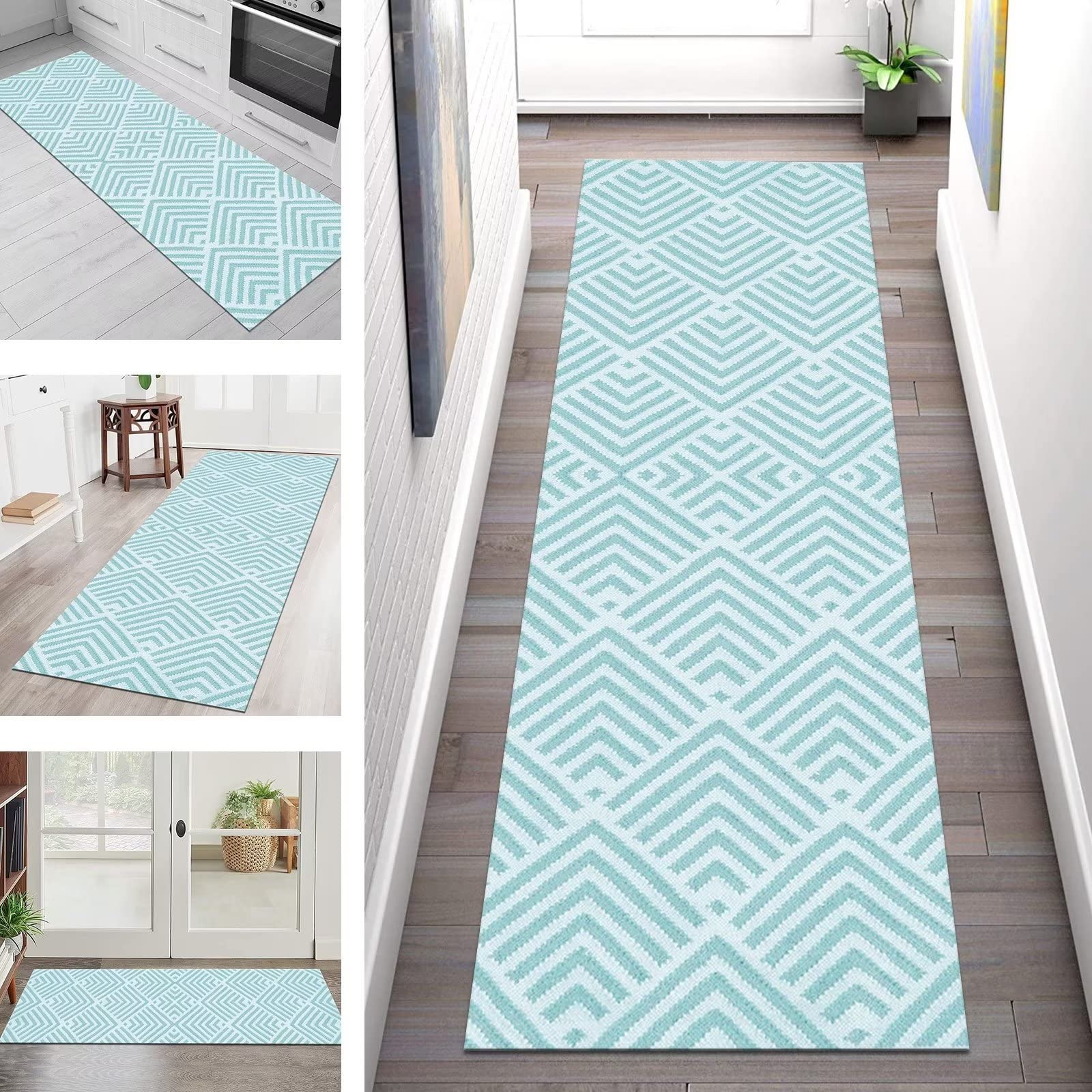 Tapis d'entrée long bleu cyan pour habiller et réchauffer le sol du salon ou de la chambre