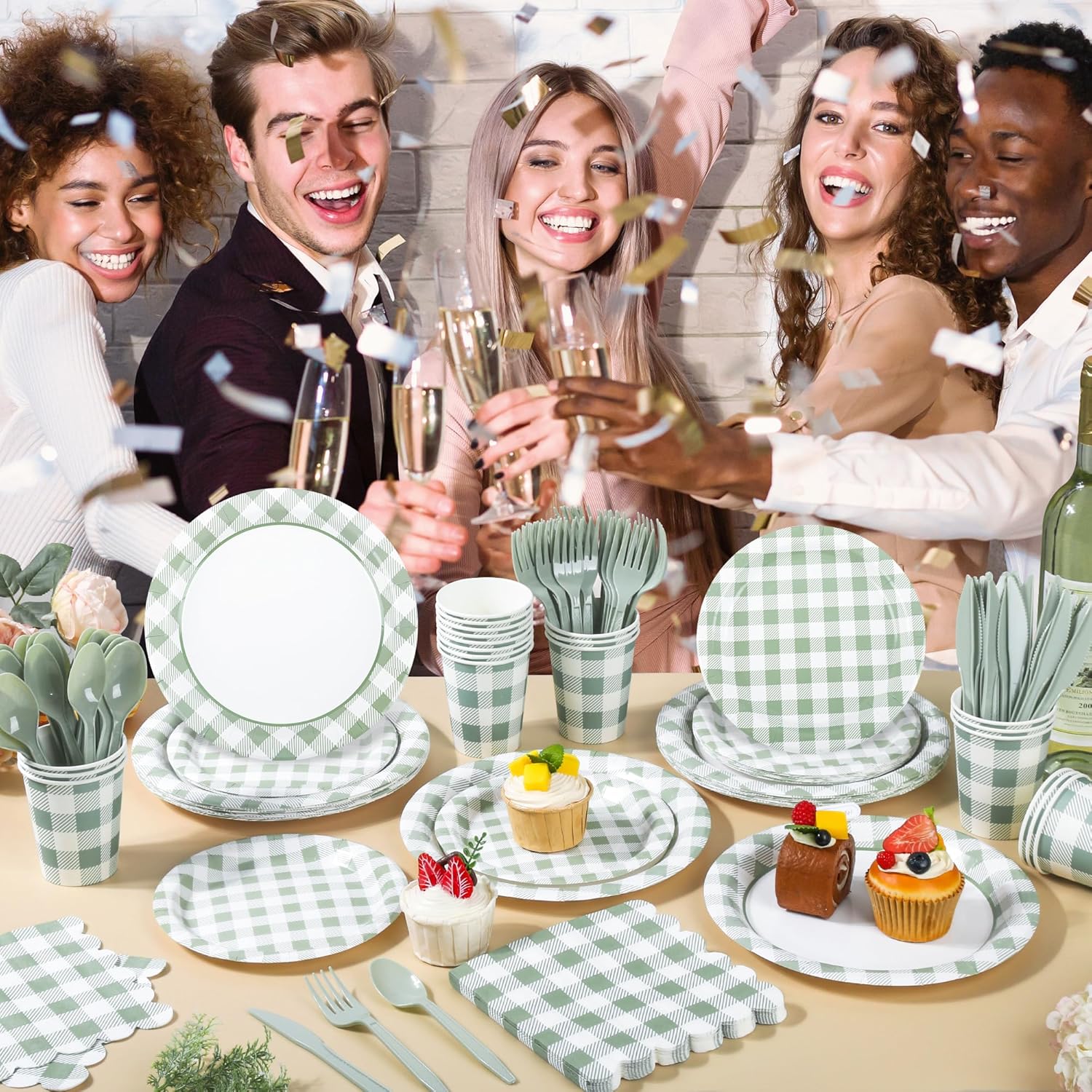 175Pcs Sage Green Gingham Party Supplies Green Gingham Paper Plates and Napkins Greeny Plaid Plates Disposable Sage and White Plaid Party Decor for Birthday Family Picnic BBQ,Serves 25 Guests - Image 7