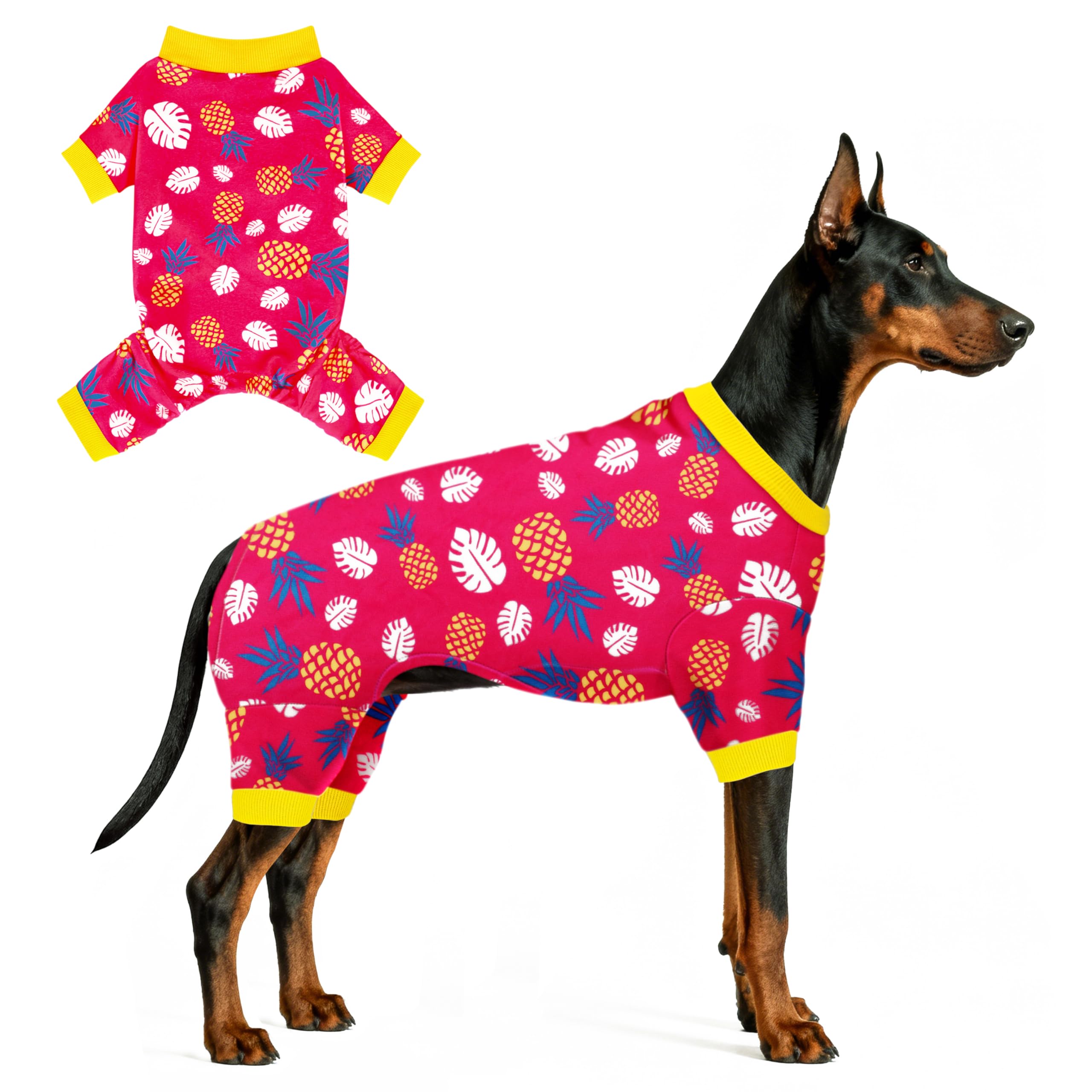 Paiaite 4-Legged Cotton Stretchable Jumpsuit Pjs: Pineapple Pattern Dog Pajamas - Lightweight Cozy Puppy Onesie Clothes, Comfortable Pet Sleepwear Jammies for Hair Shedding Coverage Yellow Edge XS