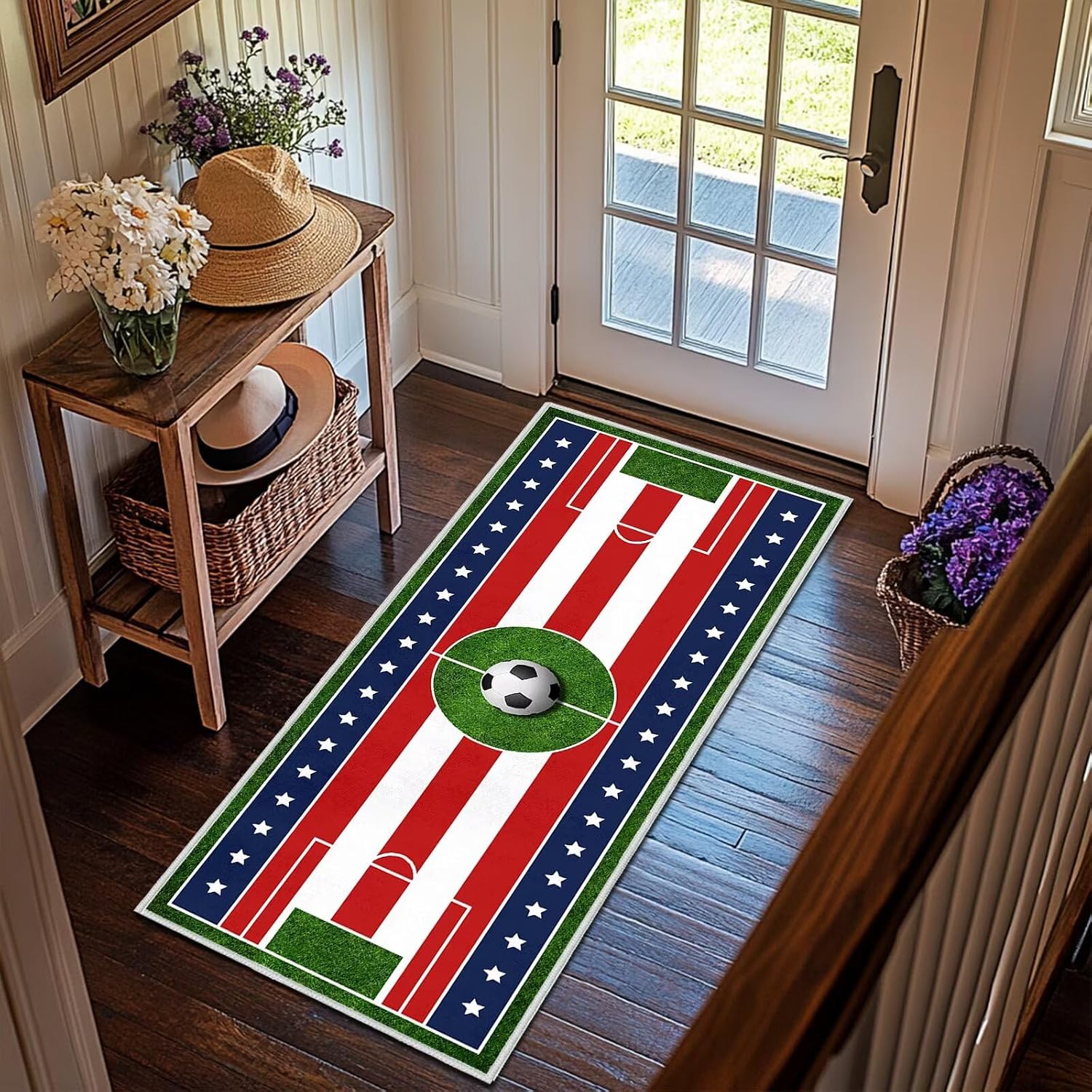 Soccer Field Rug for Boys Bedroom,2x5 Hallway Runner Washable Entryway Rugs