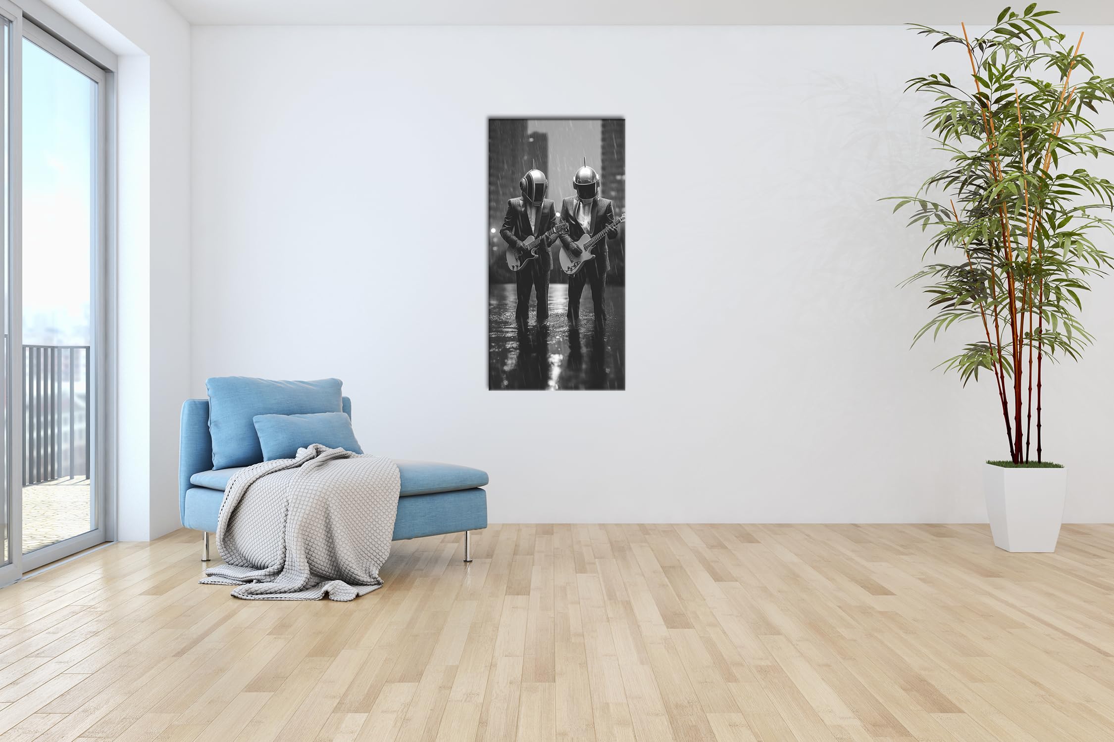 Musicisti futuristici – Eleganza ed elettronica sotto la pioggia. Panorama 120 x 60 cm effetto: bianco e nero XXL stampa artistica su cornice di legno/tela/parete parete parete decorazione soggiorno