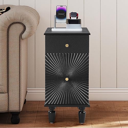 Miniatura 7 de Mesa auxiliar estrecha con estación de carga, mesita de noche delgada con cajón y puerta de ampolla acanalada, mesita de noche de madera decorativa