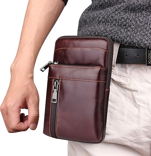 Miniatura 8 de Funda de cuero genuino para cinturón vertical para teléfono inteligente, soporte para teléfono celular, funda con tapa, bolso de mensajero de viaje