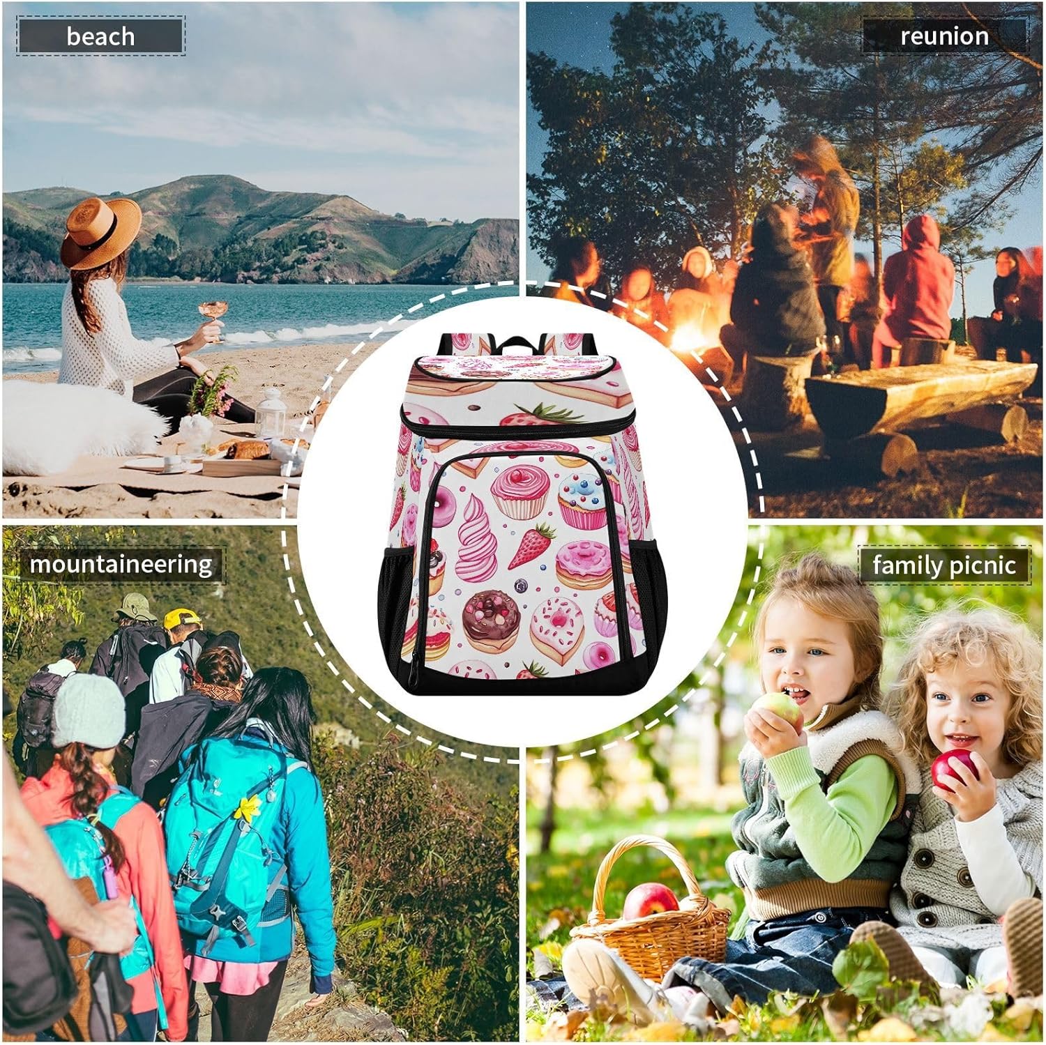 Pink Donuts Cooler Backpack 36 Cans Leakproof Waterproof Backpack Cooler Bag Beach Accessories Travel Camping Fishing Backpack for Women Men
