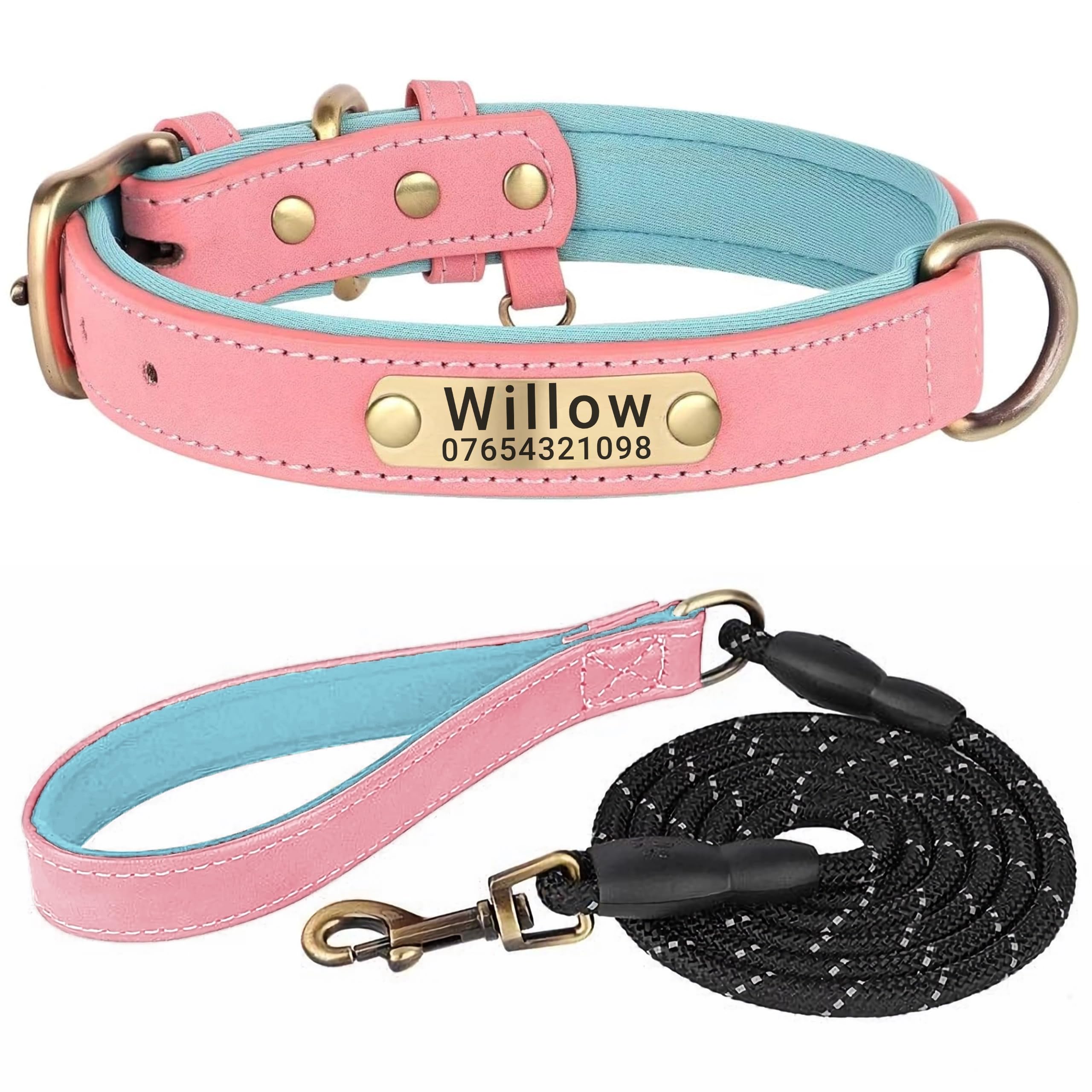 SEOUGEE Genuine Leather Dog Collar Personalised and Leash Set, Soft Padded Leather Dog Collars Heavy Duty with Custom Engraved Name Plate for Small Medium Large Dogs (S, Pink Set 23-32cm) — image 1