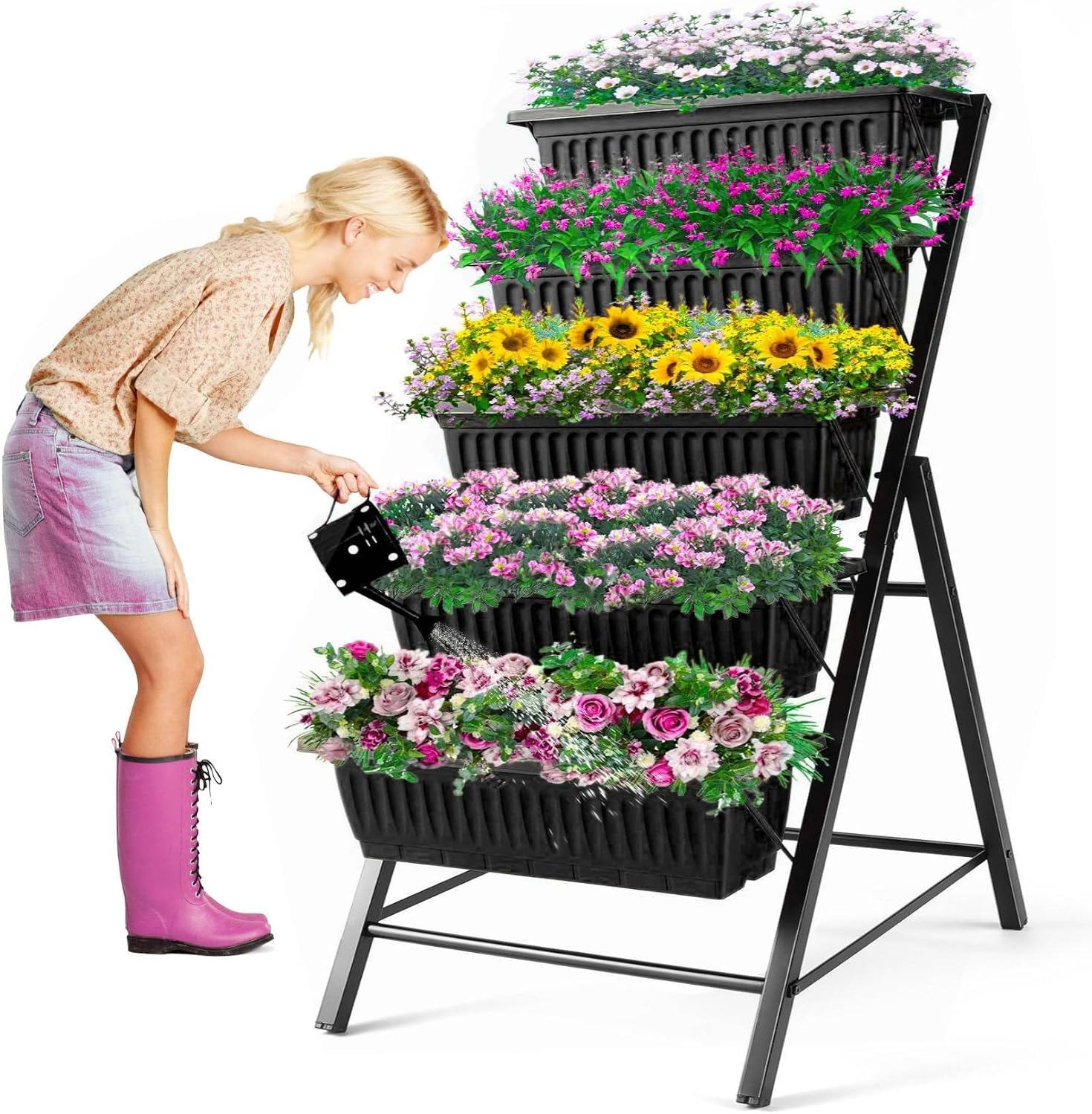 Homdox 3.74FT Vertical Garden Bed, 5 Tiers Vertical Raised Garden Planter, 23 * 26 * 45Inch Outdoor Garden Raised Bed with 4 Hooks, Vegetable Flower Planter Raised Stand for Garden Patio Yard, Black