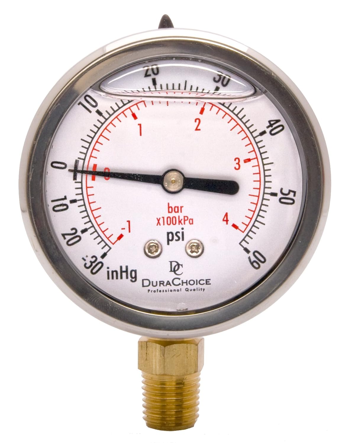 2-1/2" Oil Filled Vacuum Pressure Gauge - Stainless Steel Case, Brass, 1/4" NPT, Lower Mount Connection, 30HG/60PSI