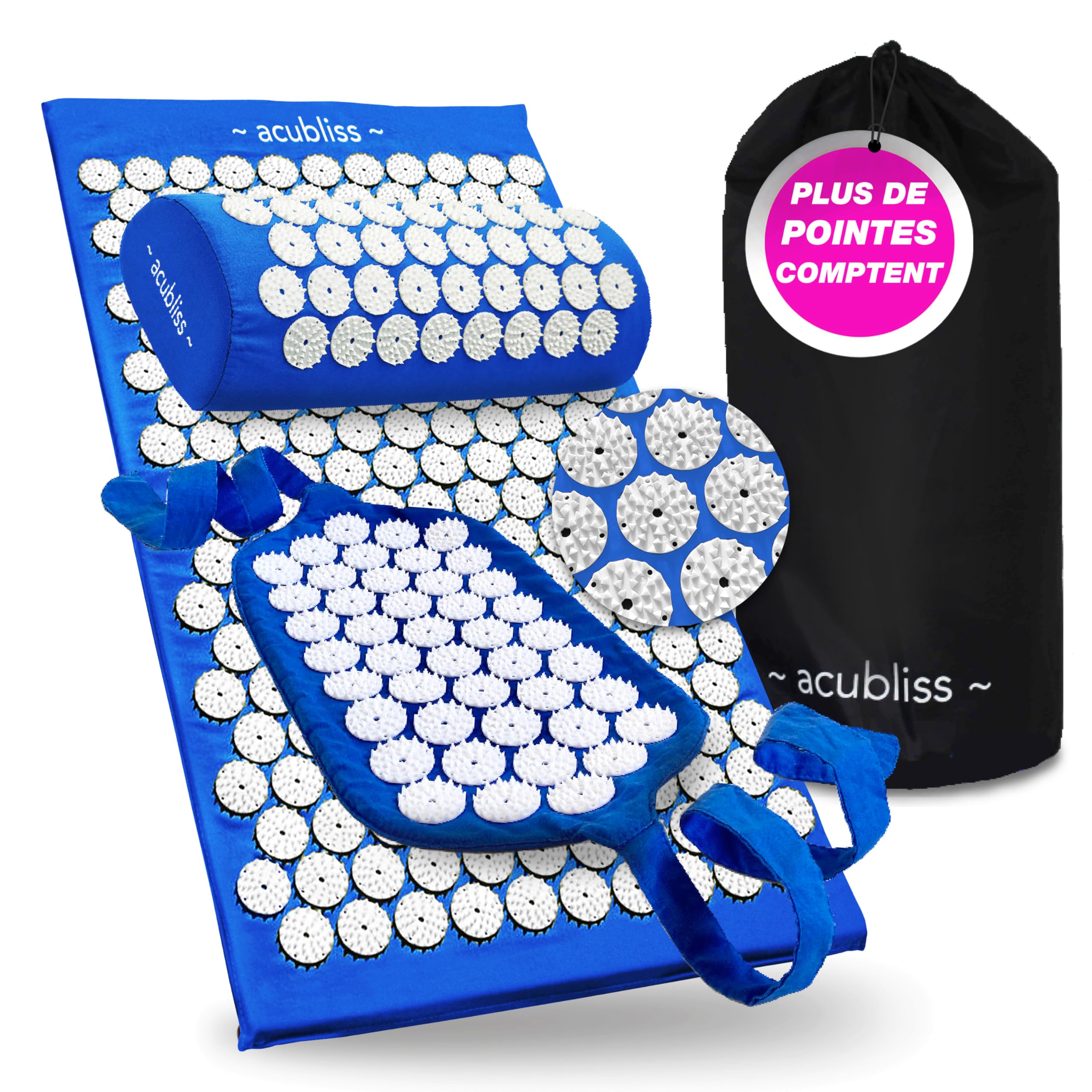 Acupression Tapis, Oreiller et Sangle Ensemble pour Cou et Dos Soulagement Douleur, Augmenter Énergie, Relaxation, Transport Sac, Profond Bleu
