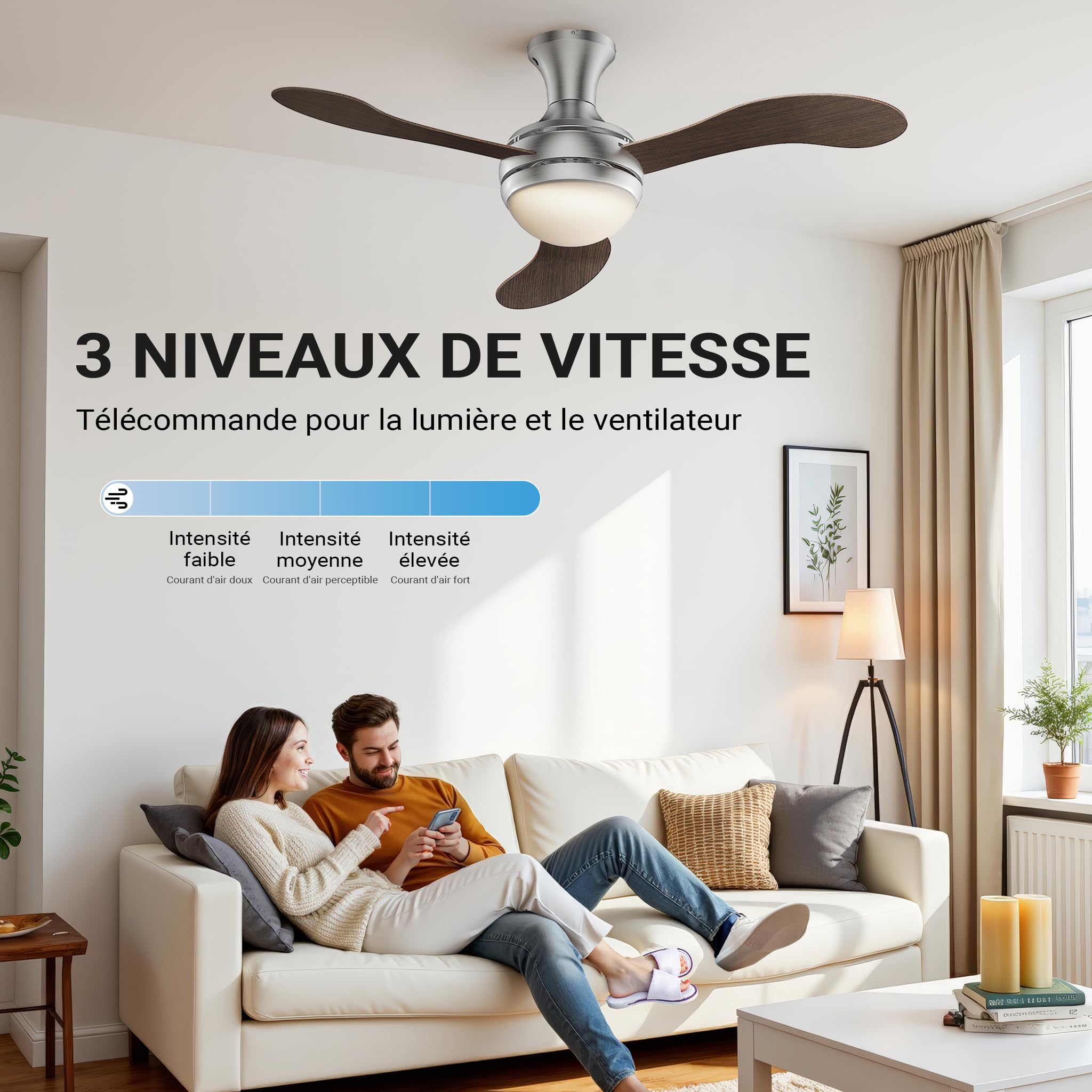 WilTec Ventilateur de Plafond Silencieux 55 W, Ø 130 cm, Max. 18 m², 3 pales, plafonnier intégré, brasseur d’air avec Lampe Lustre luminaire
