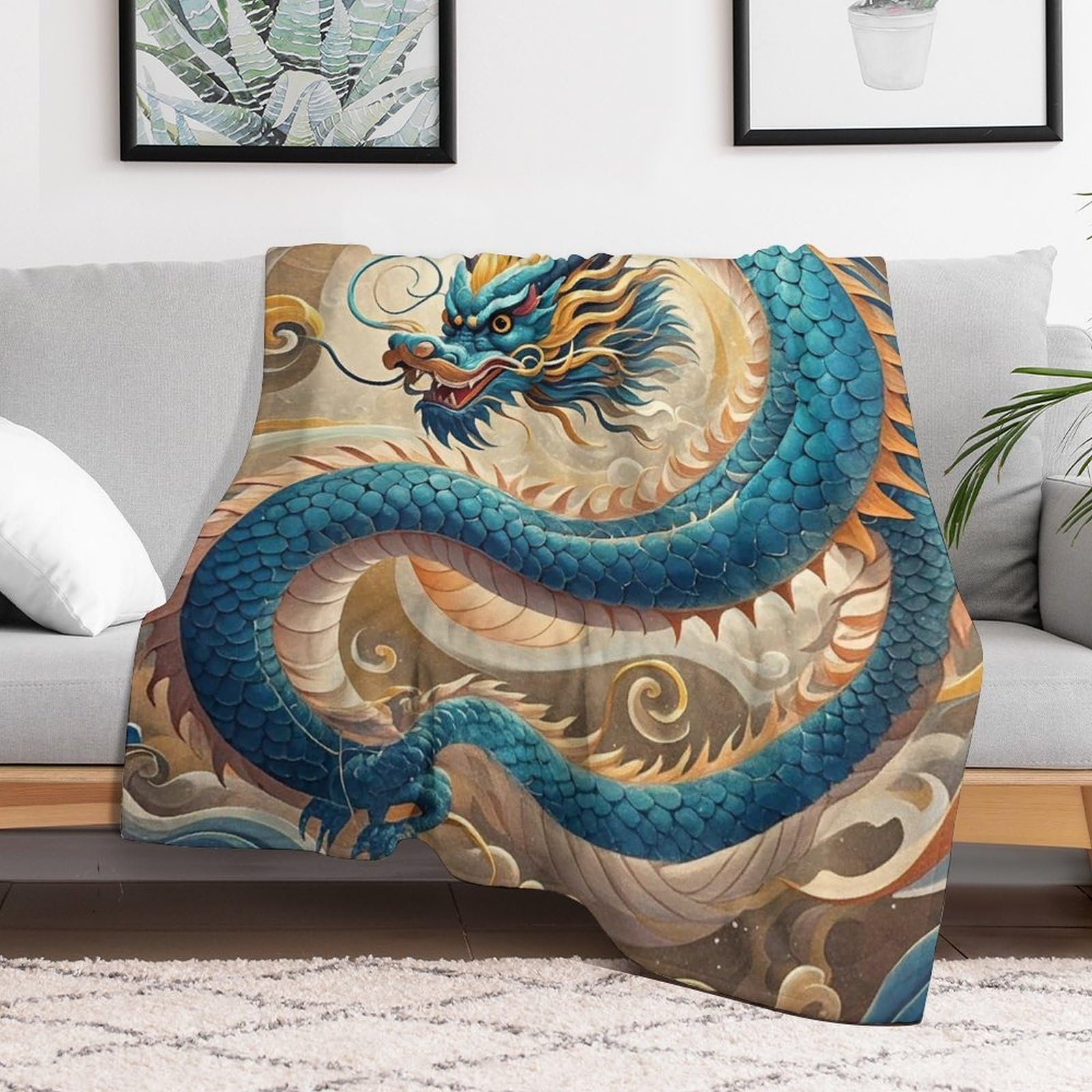 Couverture polaire en flanelle légère toutes saisons avec motif dragon doux