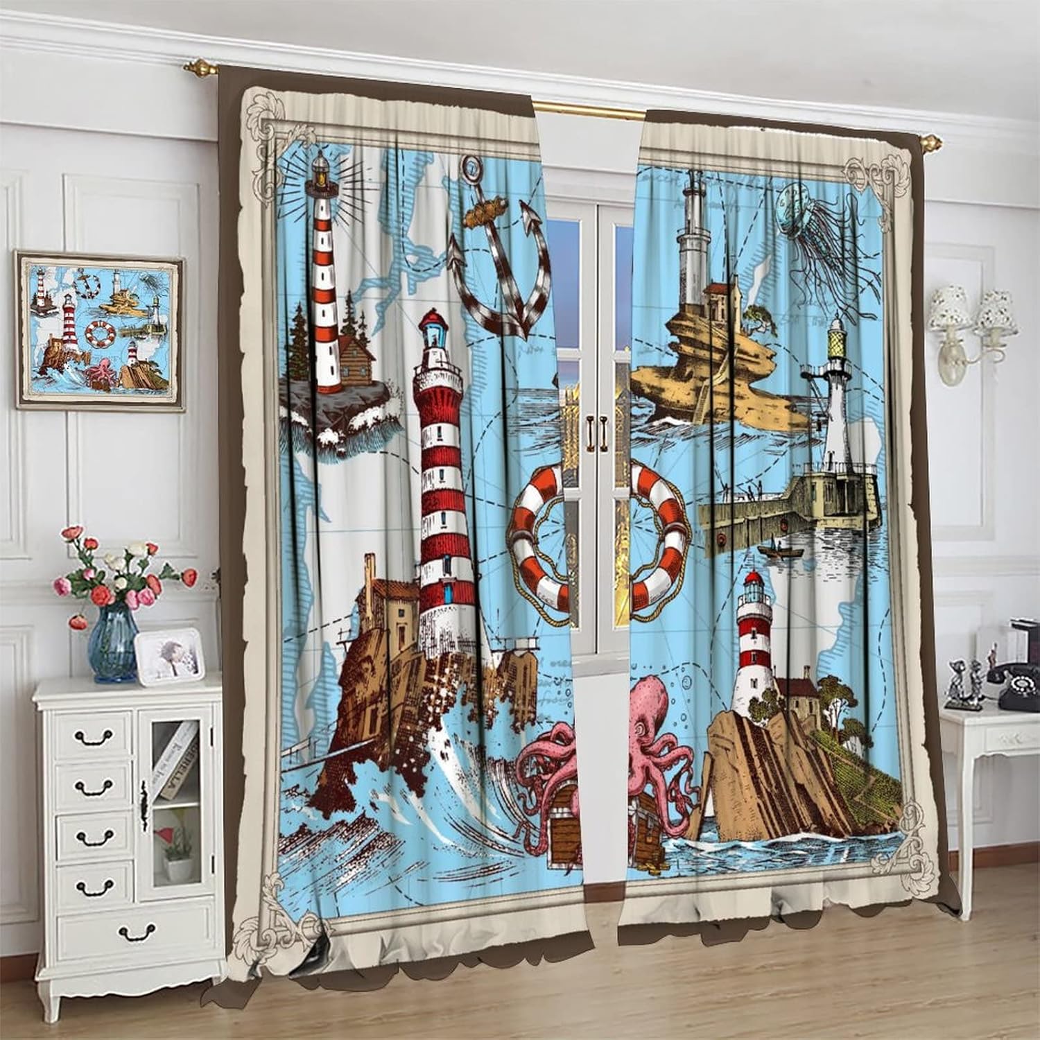 Anime Lighthouse Rod Pocket Blackout Curtains for Living Room,Noise Reduction Cartoon Oil Painting Ocean Theme Anchor Octopus Lighthouse Window Treatment Drapes,2 Panels 45L x 21W