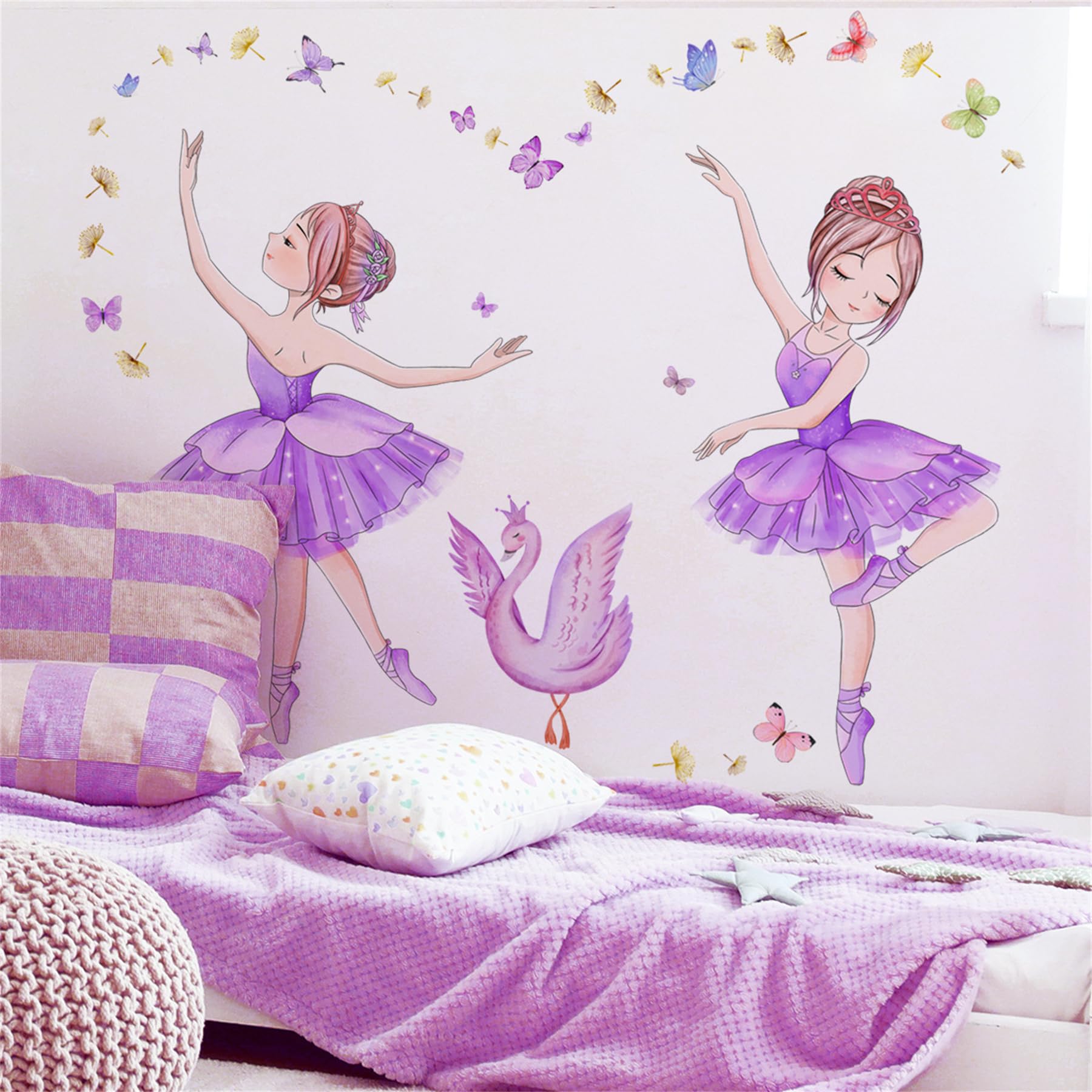 Girl Wall Stickers, Purple Dancing Girl Home Decor Wall Decals with Swan Butterfly - Image 4