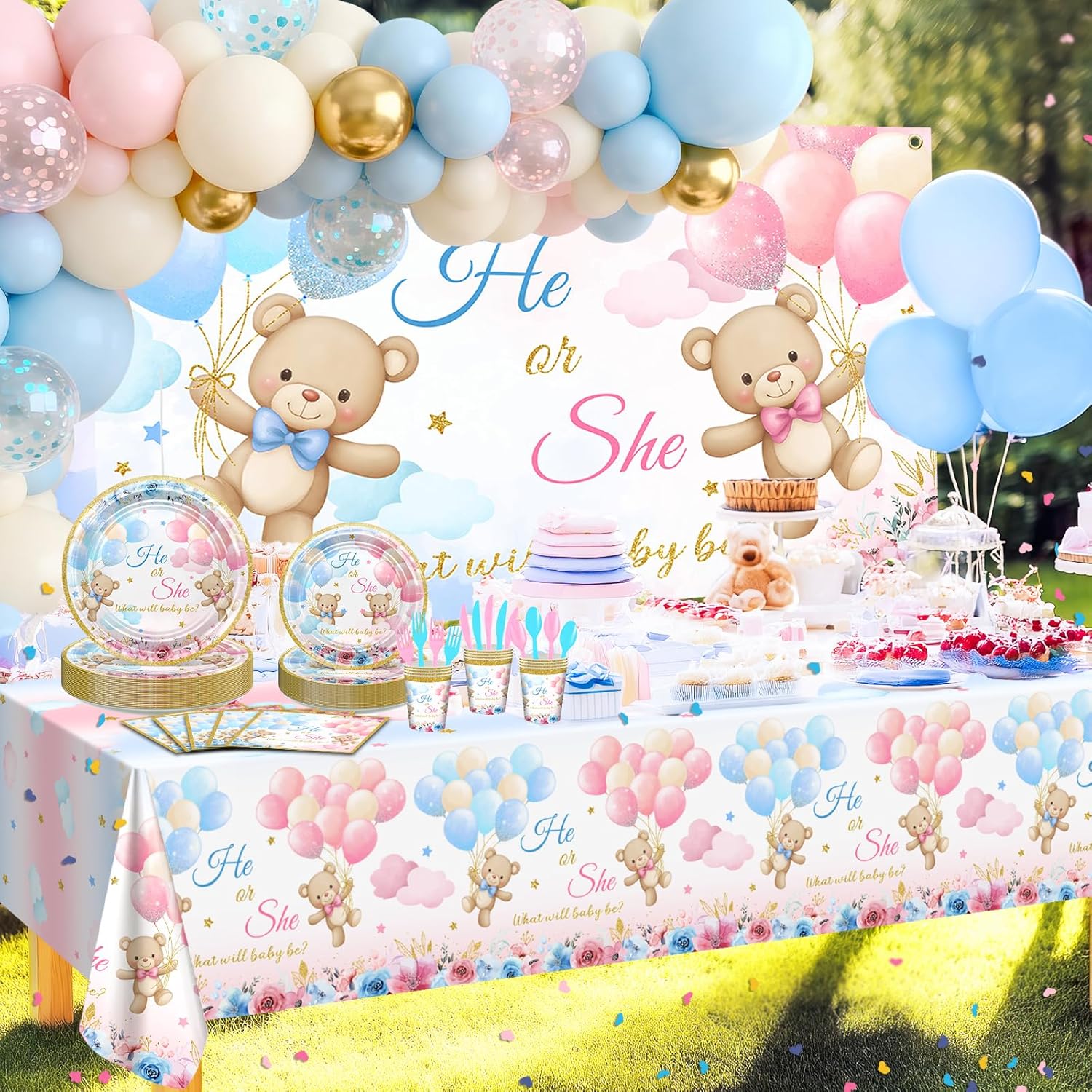 270 Pcs Bear Gender Reveal Decorations: He or She Bear Banner Baby Reveal Plates Napkins Cups Tablecloth Balloons, We Can Bearly Wait Gender Reveal Decorations Serve 24