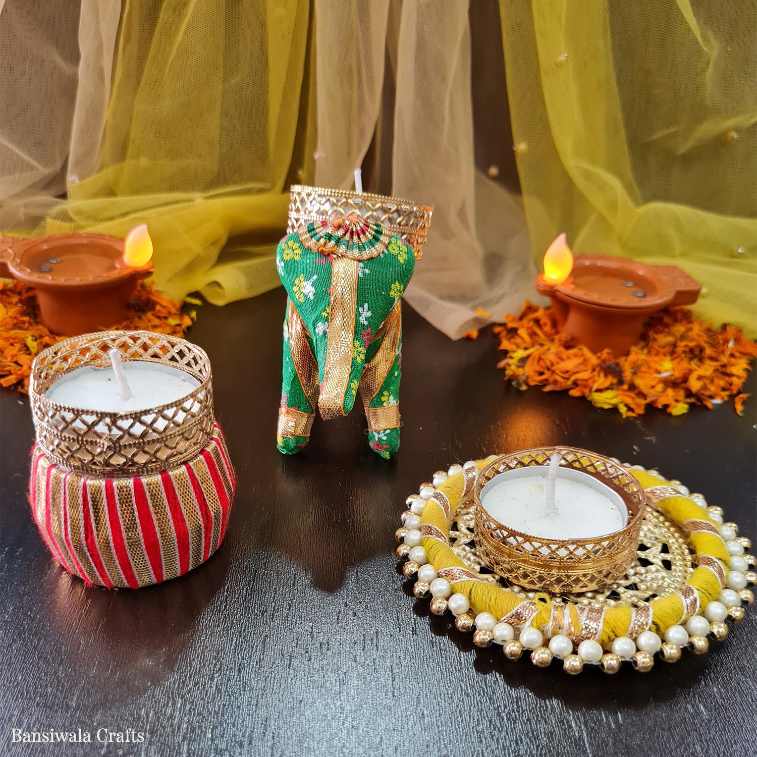 Radiate Budget-Friendly Variety Pack -Rajasthani Elephant + Drum + Plate Tealight Holder – Multicolor