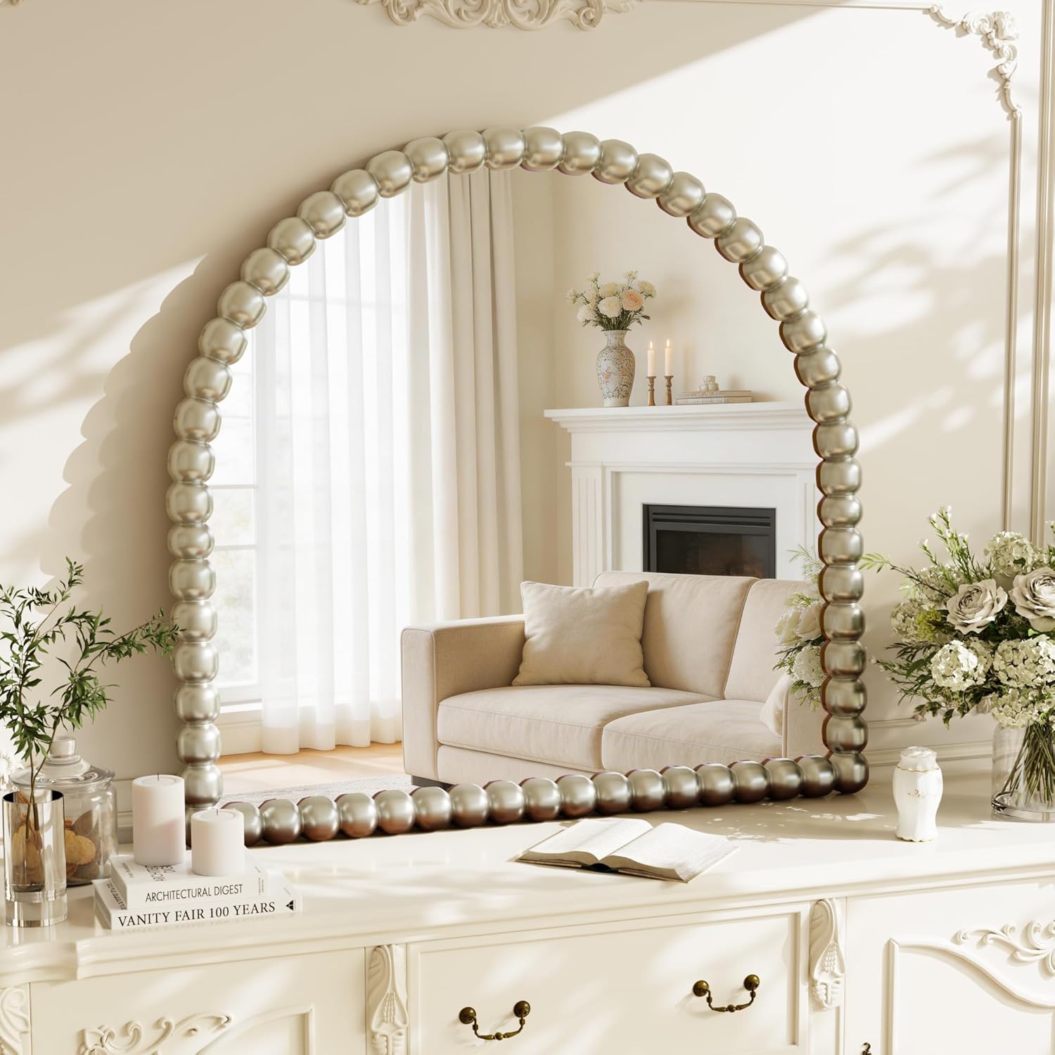 31"×32" Silver Arched Bathroom Vanity Mirror, Vintage Beaded Decorative Wall Mounted Makeup Mirror, as Wall Decor Hanging Leaning for Fireplace Mantle, Living Room, Bedroom, Vanity Area