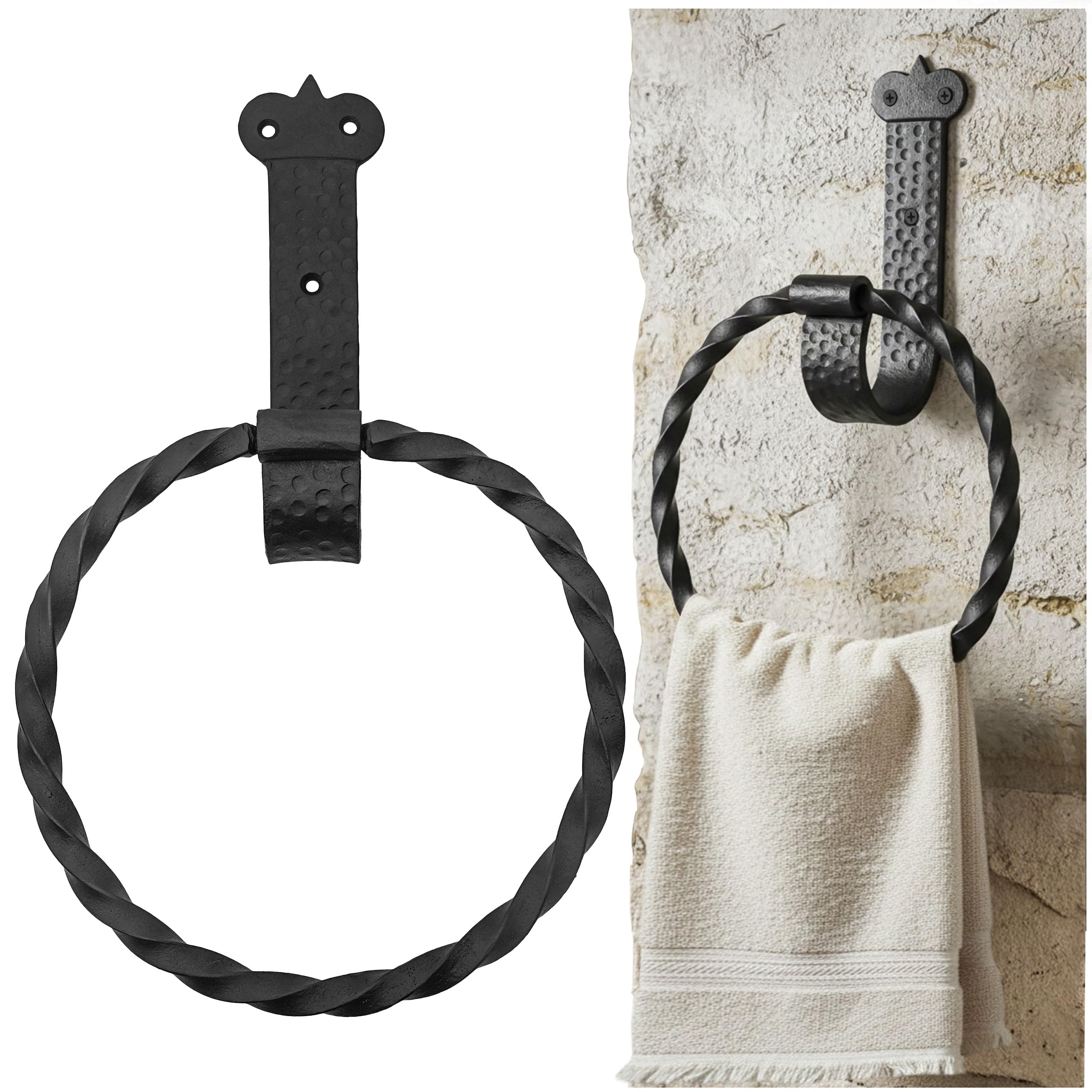 Toallero redondo de hierro forjado a mano resistente para decoración de baño, cocina, con tornillos de montaje, tubo negro mate, vintage, de hierro fundido, montado en la pared
