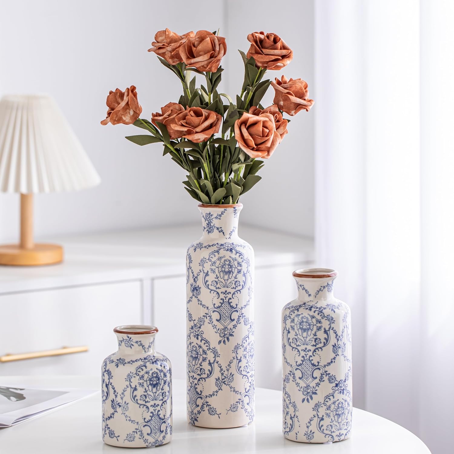 Blue and White Ceramic Vase 3 Piece Set,Vintage Blue Ceramic Flower Vesse,Farmhouse Decor, Home Decorative Vase, Vases for Your Kitchen, Bedroom, Office, Living Room (VASE SET-01)