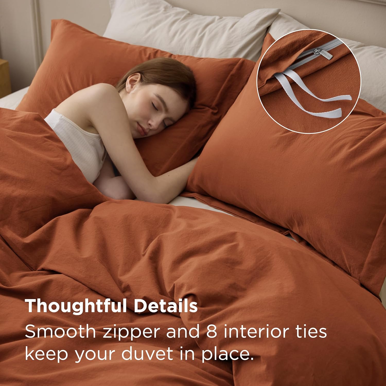Bedsure 100% Washed Cotton Duvet Cover Queen Size - Burnt Orange Minimalist Bedding Set Linen Like - PureWoven Plain Simple & Soft Comforter Cover for All Seasons (Burnt Orange, Queen, 90"x90")