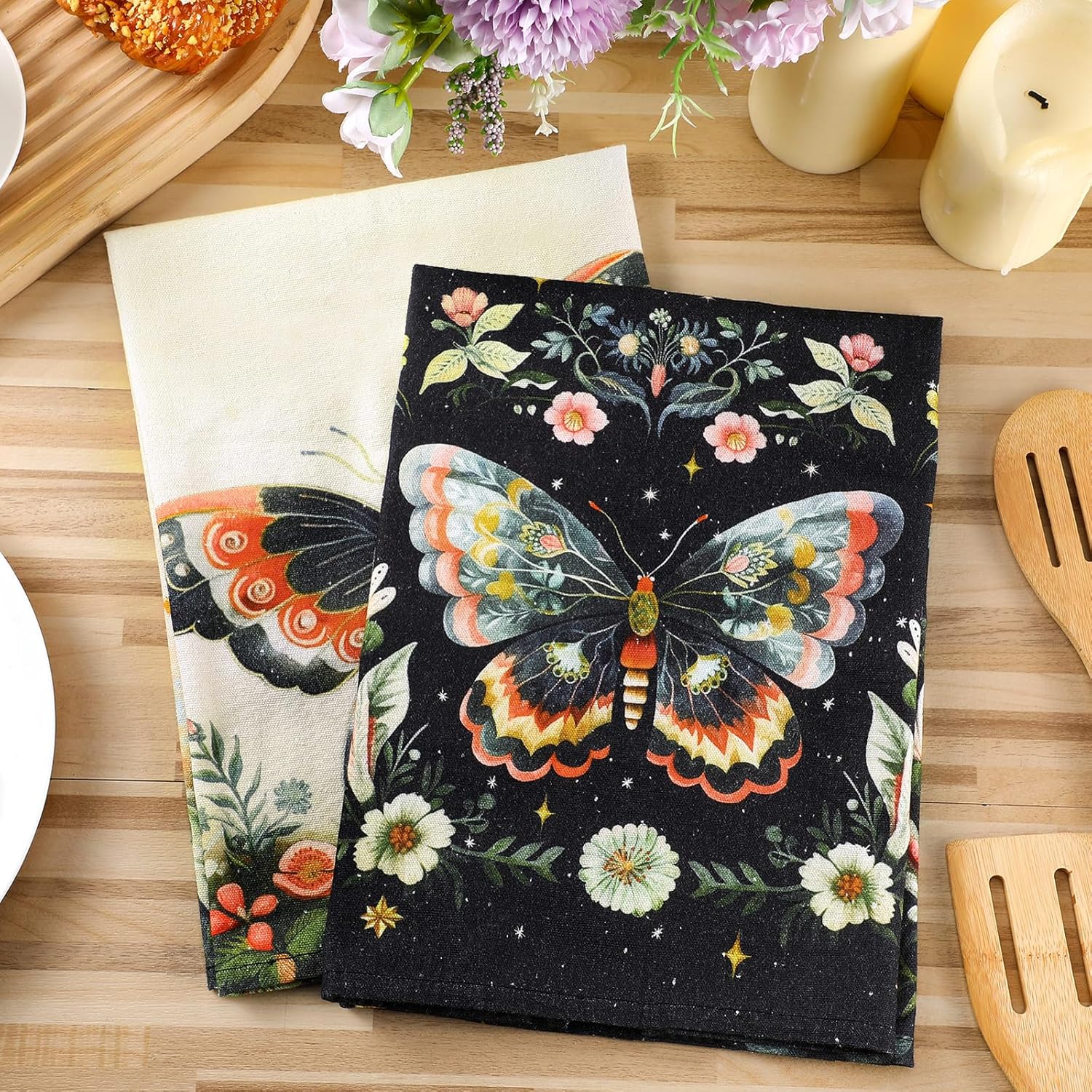 Bencailor 6 Pcs Retro Kitchen Towels 15.7 x 23.6 Inch Farmhouse Vintage Hand Towels Decorative Absorbent Dish Cloth for Bathroom Decor for Cooking Baking Cleaning(Colorful,Butterfly)