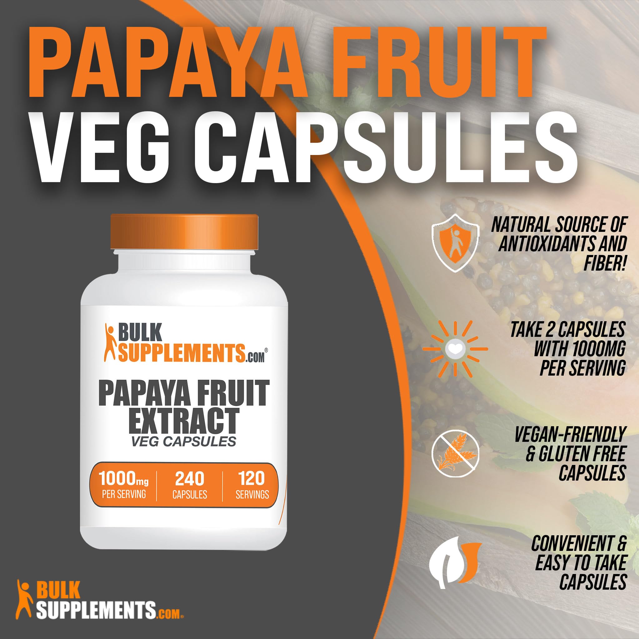 BulkSupplements.com Papaya Fruit Extract Capsules - from Carica Papaya, Herbal Supplement - Gluten Free, 1000mg, 2 Capsules per Serving, 240 Count (Pack of 1) — Amazon image 2