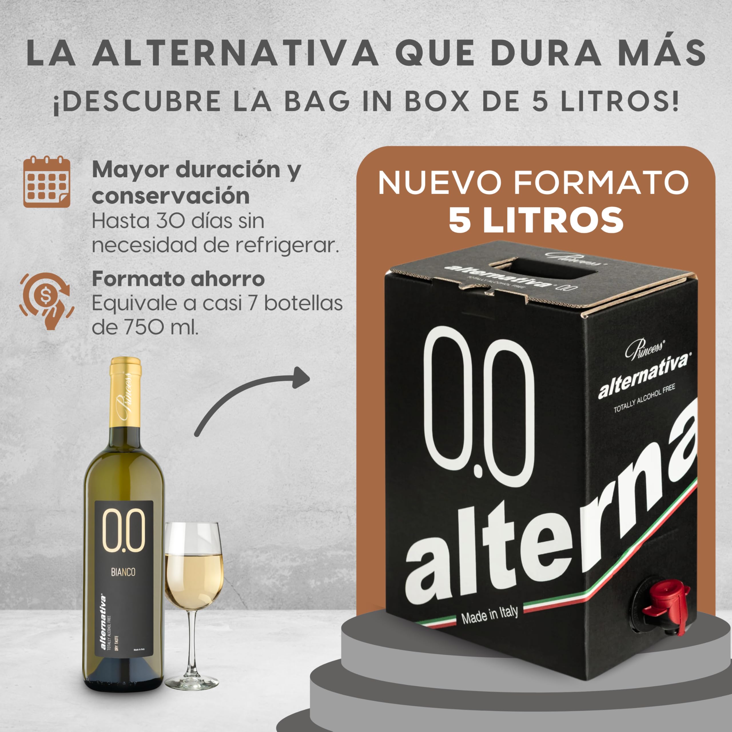 ALTERNATIVA Bag in Box 5L Blanco Seco Sin Alcohol 0,0% - Made in Italy | Bebida Desalcoholizada Premium Ideal para Celebraciones, Regalos y Momentos Especiales