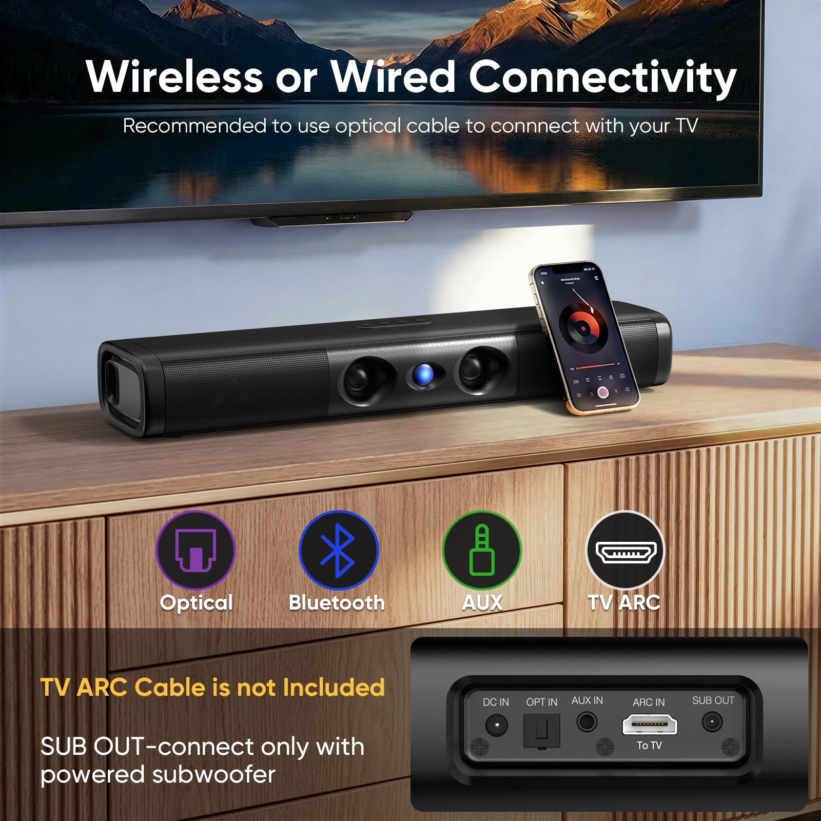 Saiyin Soundbar mit verstärktem Bass – Doppelte größere Tieftöner & doppelte Bass-Ports, Soundbar für Smart-TV mit 90W Spitzenleistung, 17,1-Zoll-Soundbar mit Bluetooth 5.3/TV-ARC/Optical/AUX-Eingang
