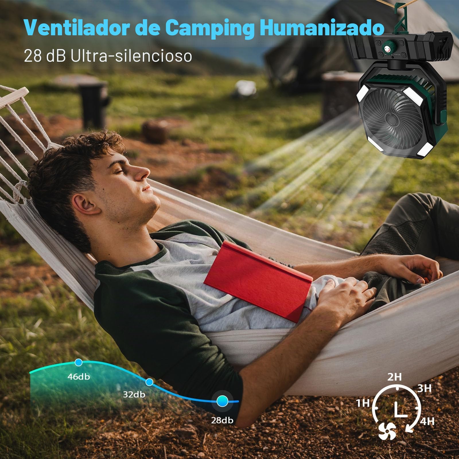 Ventilador Nebulizador Portátil 20000mAh, con Tanque de 300 ml, Oscilación 45°-90°, Rotación 270°, Luz LED, Temporizador, para Camping, Exterior, Escritorio y Viajes