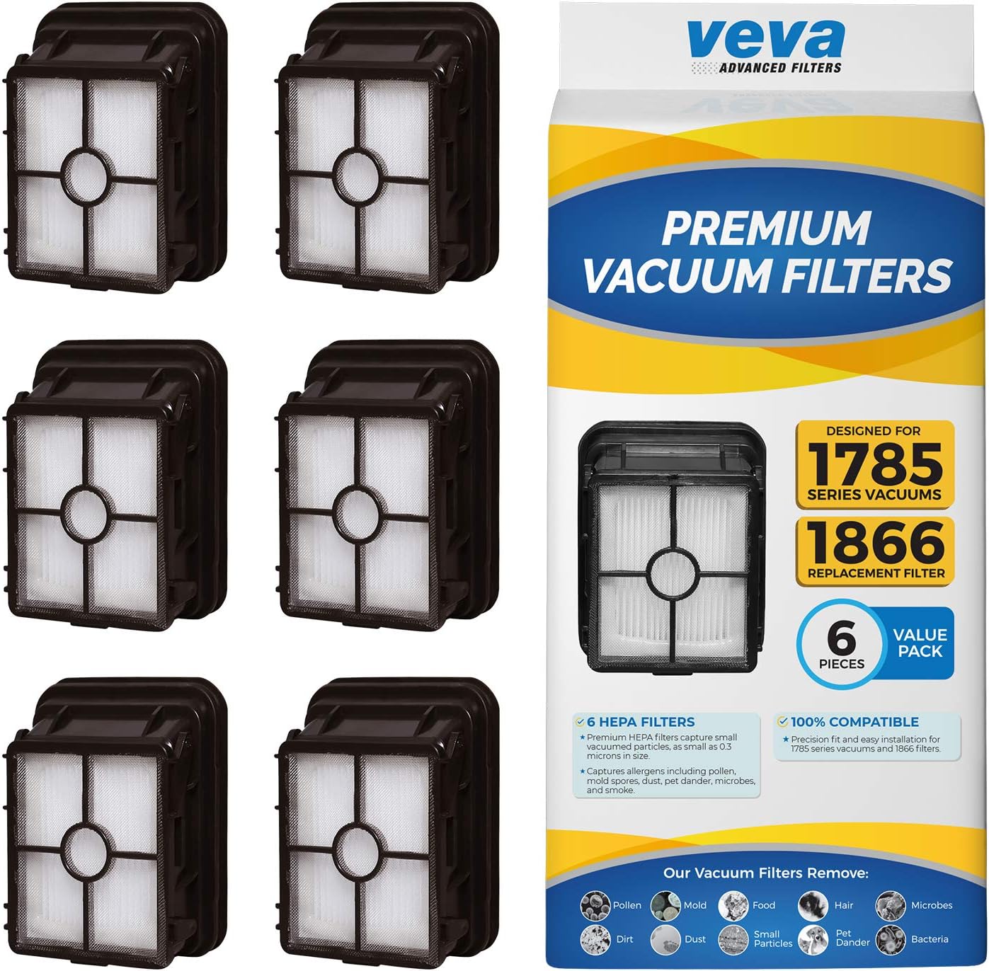 VEVA Premium Vacuum HEPA Filter Set Compatible with Bissell Model 1866 Crosswave and 1785 Series Vacuums - 6 pack of HEPA Filters Part #1608683