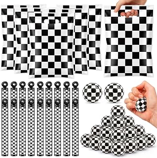 Blueweenly 72 Pcs Race Car Party Favors Goodie Bag Stuffers | Iclude 24 Checkered Bubble Wands, 24 Racing Car Goodie Bags, 24 Stress Balls, for Racing two Fast Party Favors Decorations