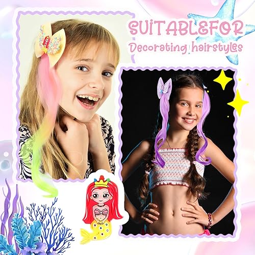 Miniatura 5 de Paquete de 6 accesorios para el cabello de princesa sirena clips de mariposa con purpurina, extensiones de colores, colas de caballo rizadas,