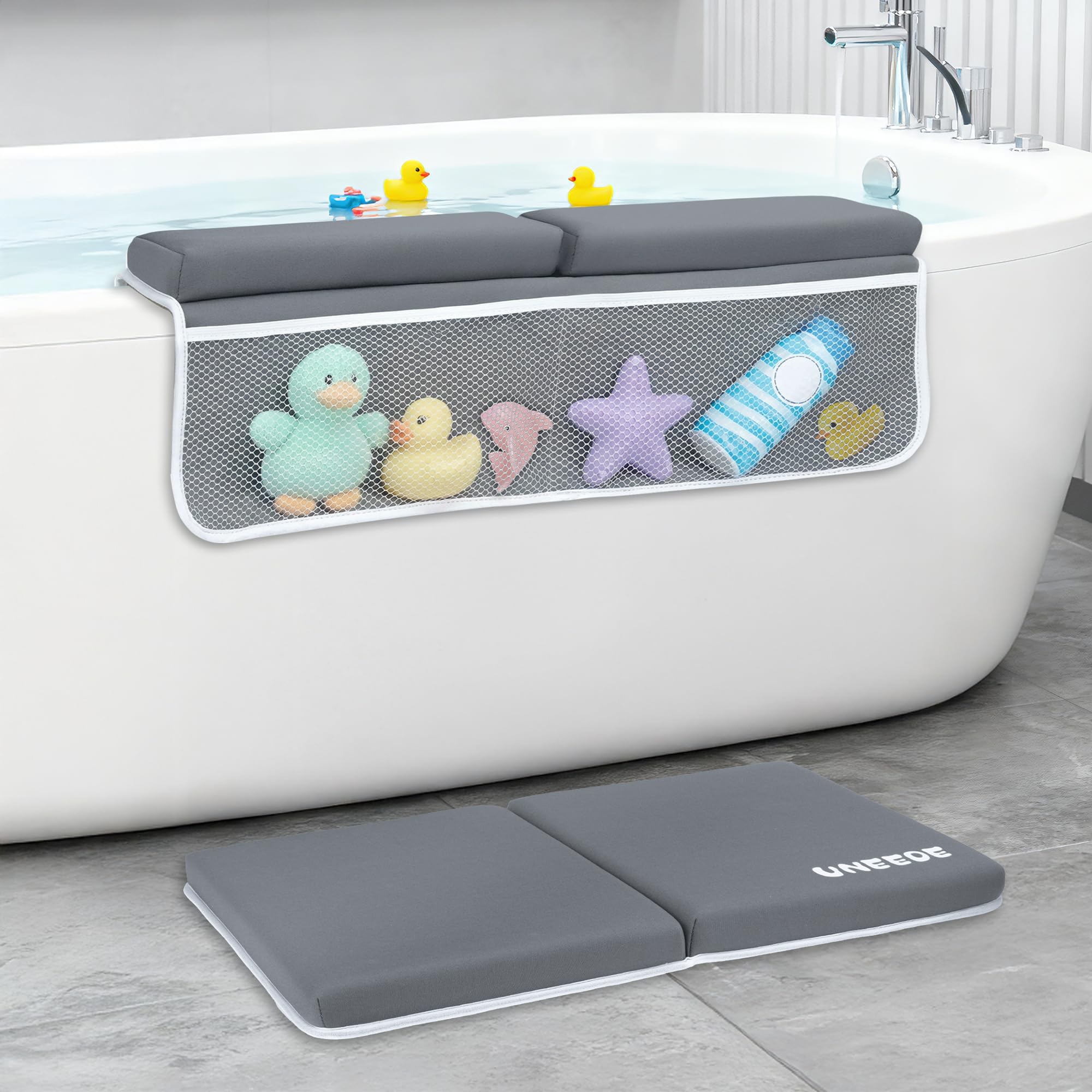UNEEDE Baby Bath Kneeler and Elbow Rest Pad Set, 1.5” Thick Memory Foam Bath Kneeling Pad with Elbow Support, Bathtub Mat with Toy Organizer for