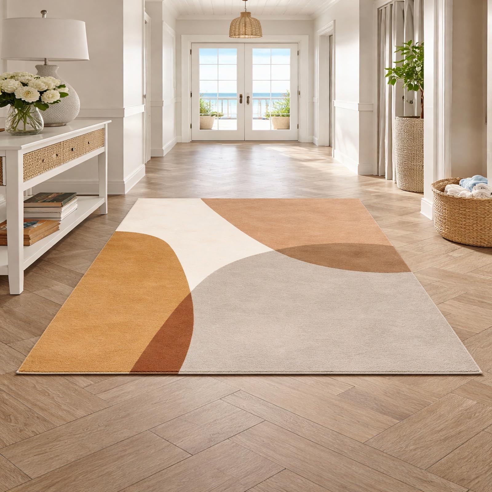 Tapis de sol decoration beige marron gris abstrait moderne pour sublimer un salon chic